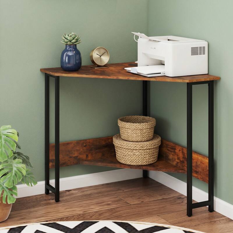 Angle. WELLFOR - 28.5" Corner Computer Desk with Charging Station & Open Shelf, Triangle Laptop PC Work Table, Small Home office Desk - Rustic Brown.