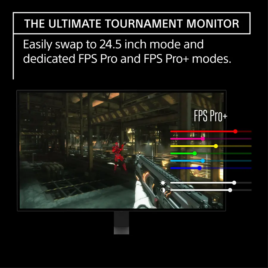 The Ultimate Tournament Monitor is designed to provide an optimal gaming experience. It allows users to easily switch between a 24.5 inch mode and dedicated FPS Pro and FPS Pro+ modes. These modes are specifically designed for first-person shooter games, providing a more immersive and competitive gaming experience.