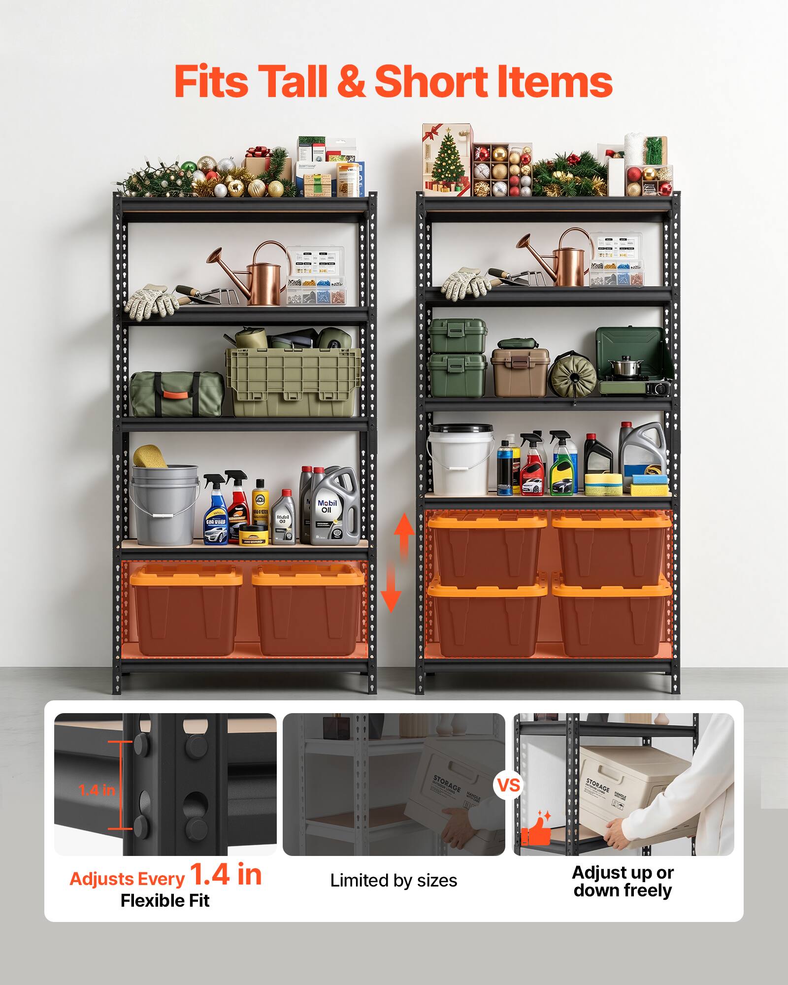 Fits Tall & Short Items

Adjusts Every 1.4 in
Flexible Fit

Limited by sizes

Adjust up or down freely
