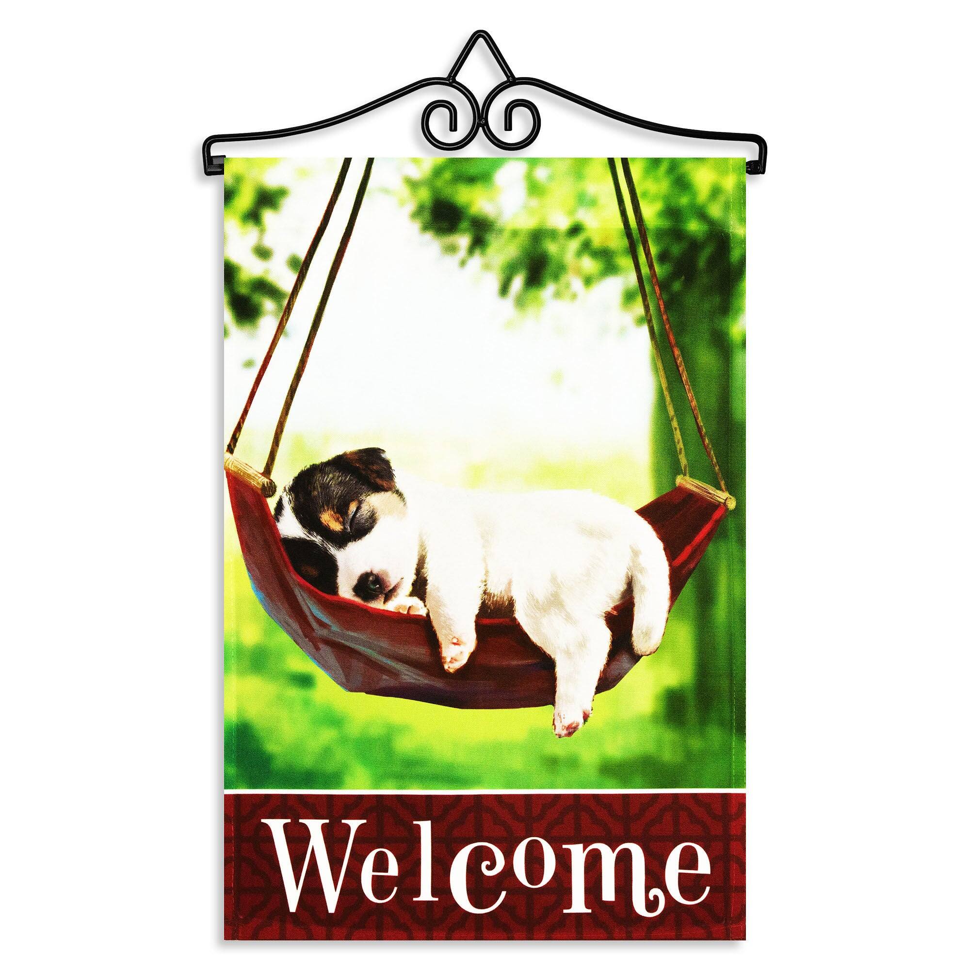 Front. G128 - Combo Pack Garden Flag Hanger 14in with 'Welcome Sleeping Puppy' 12x18in Printed 150D Polyester Flag. - Multicolor.