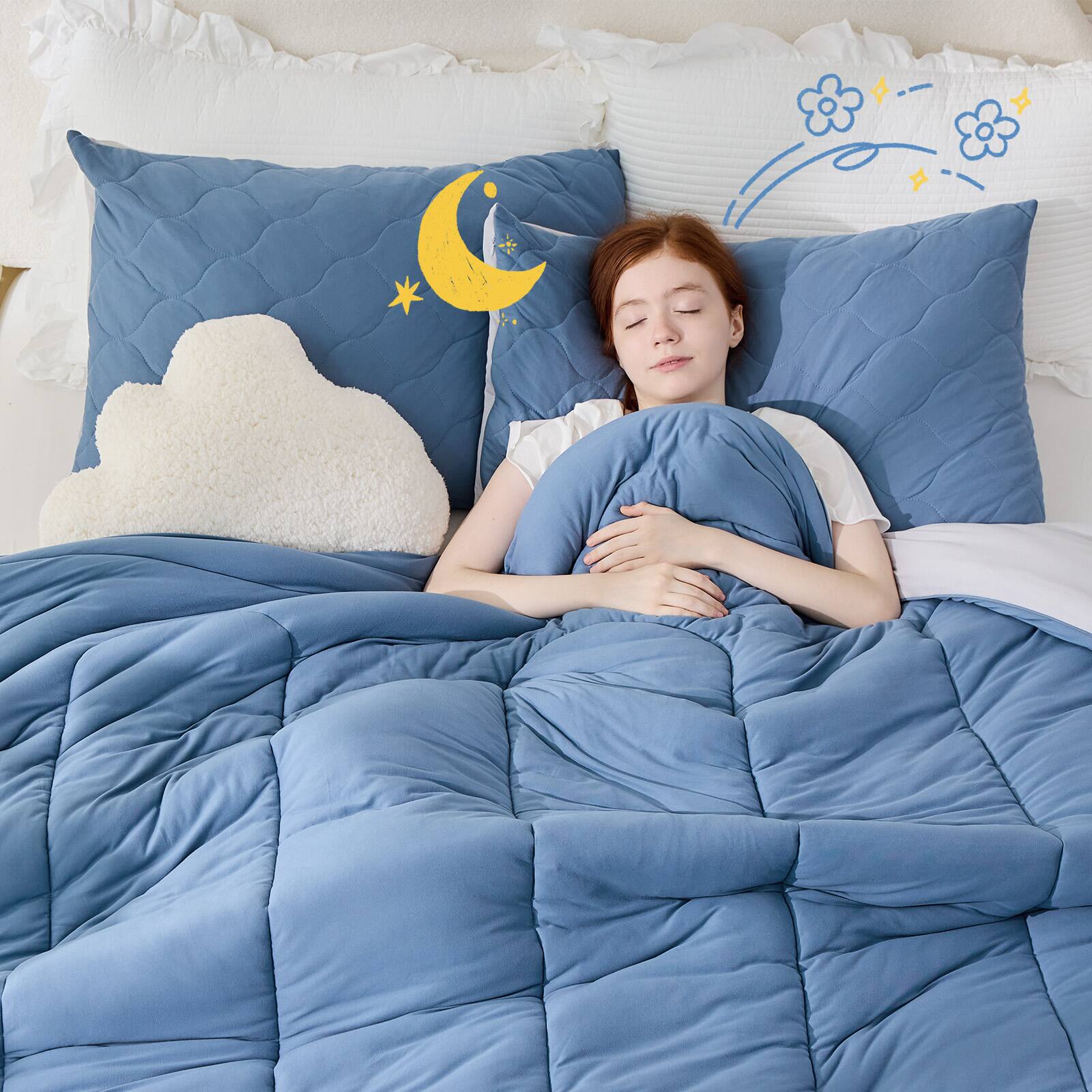 Left. Bestier - Queen Comforter Set for Kids and Teens – 3 Pcs All-Season Bedding with Skin-Friendly Lightweight Quilt & 2 Pillowcases - Blue.