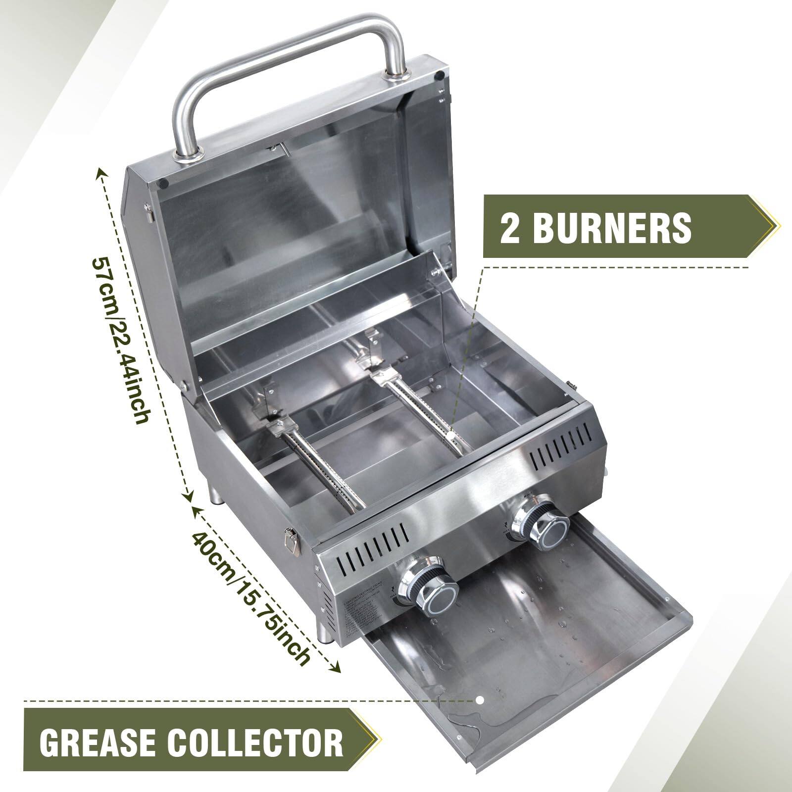 57cm/22.44inch  
40cm/15.75inch  
GREASE COLLECTOR  
2 BURNERS
