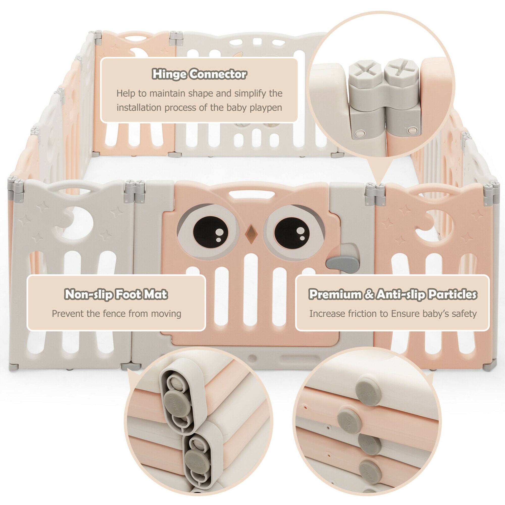 Hinge Connector - Help to maintain shape and simplify the installation process of the baby playpen

Non-slip Foot Mat - Prevent the fence from moving

Premium & Anti-slip Particles - Increase friction to Ensure baby's safety