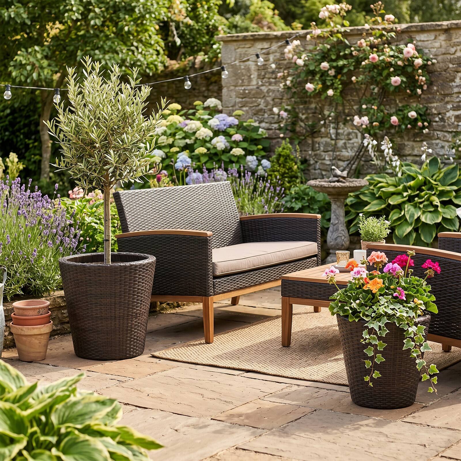 Alt View 4. Costway - Costway Set of 2 Plastic Planters, 15" & 12" Taper Rattan Planters with Drainage Holes - Brown + Black.