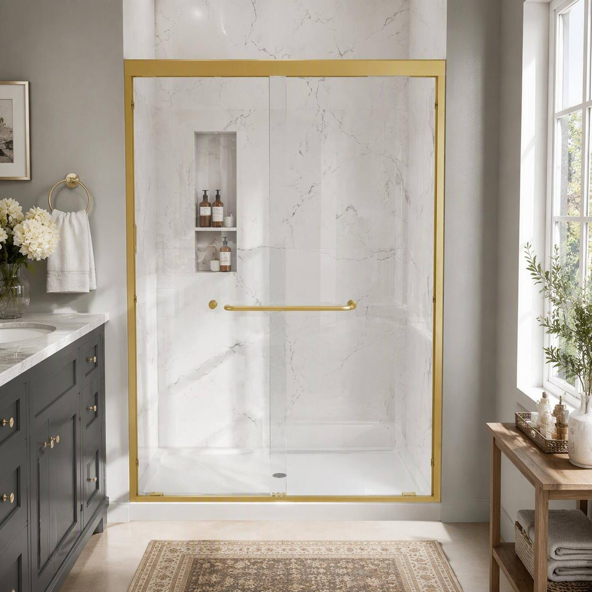 Left. RYHNUYNE - 55-60" W X 72" H Brushed Gold Double Bypass Sliding Shower Door With 1/4" Tempered Glass, Nano Safety Film - Brushed Gold.