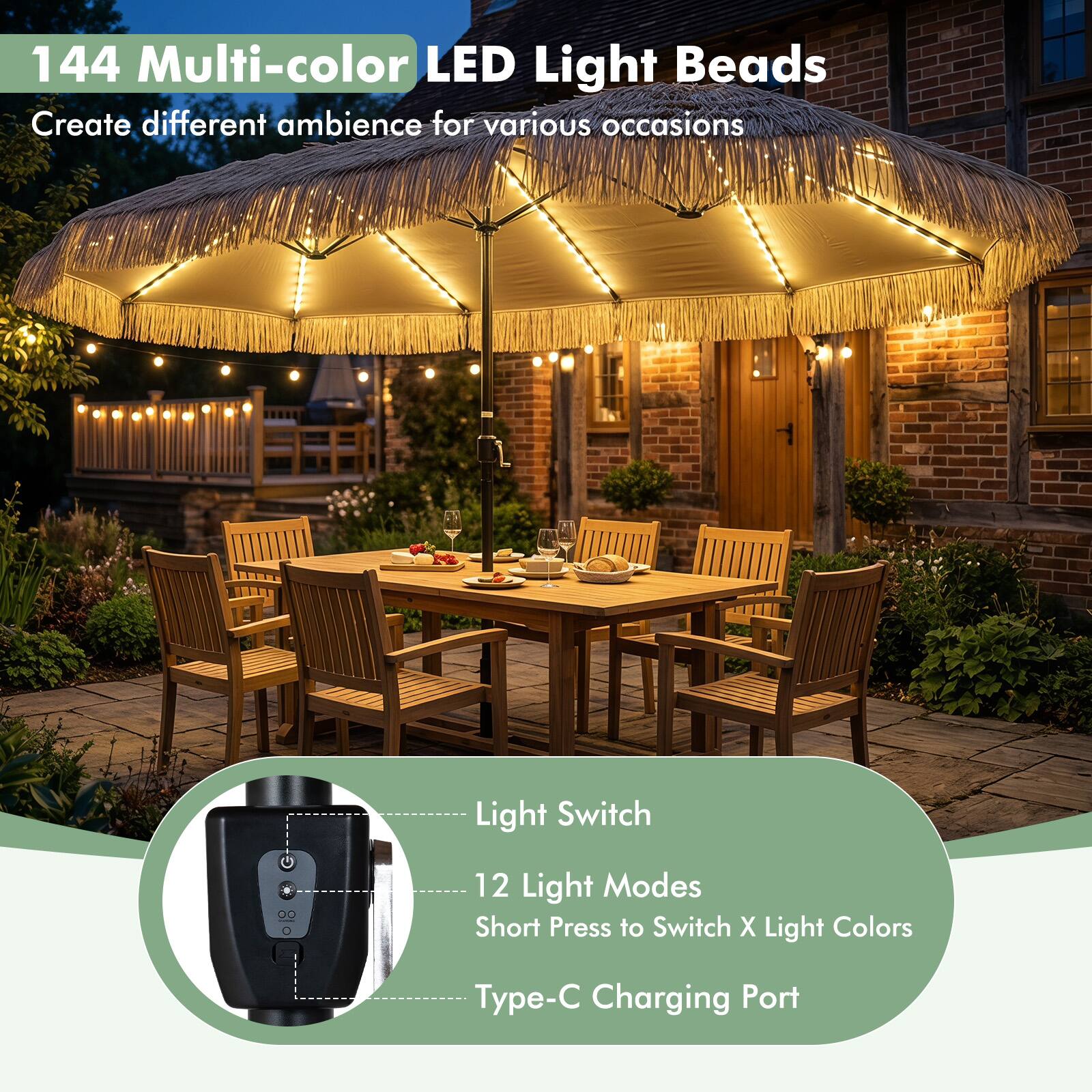 144 Multi-color LED Light Beads  
Create different ambience for various occasions  

Light Switch  
12 Light Modes  
Short Press to Switch X Light Colors  
Type-C Charging Port
