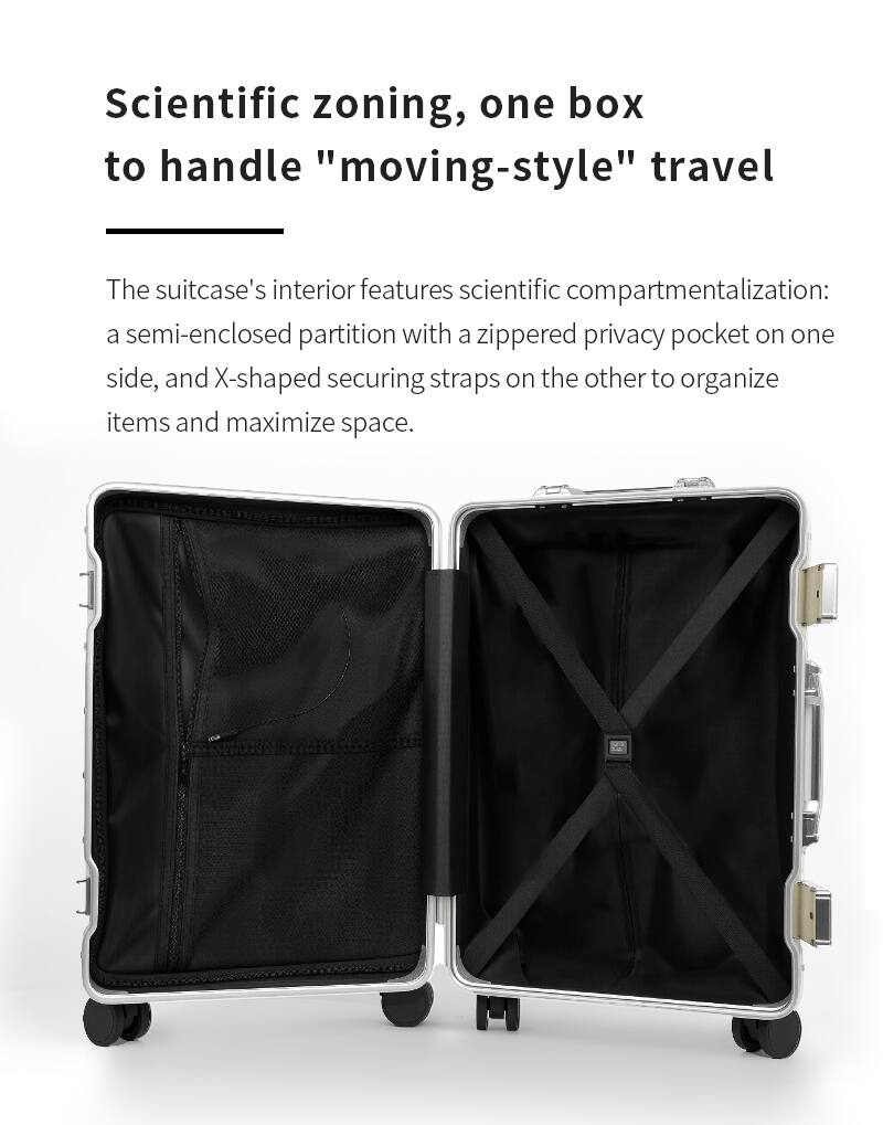 Scientific zoning, one box to handle "moving-style" travel

The suitcase's interior features scientific compartmentalization: a semi-enclosed partition with a zippered privacy pocket on one side, and X-shaped securing straps on the other to organize items and maximize space.