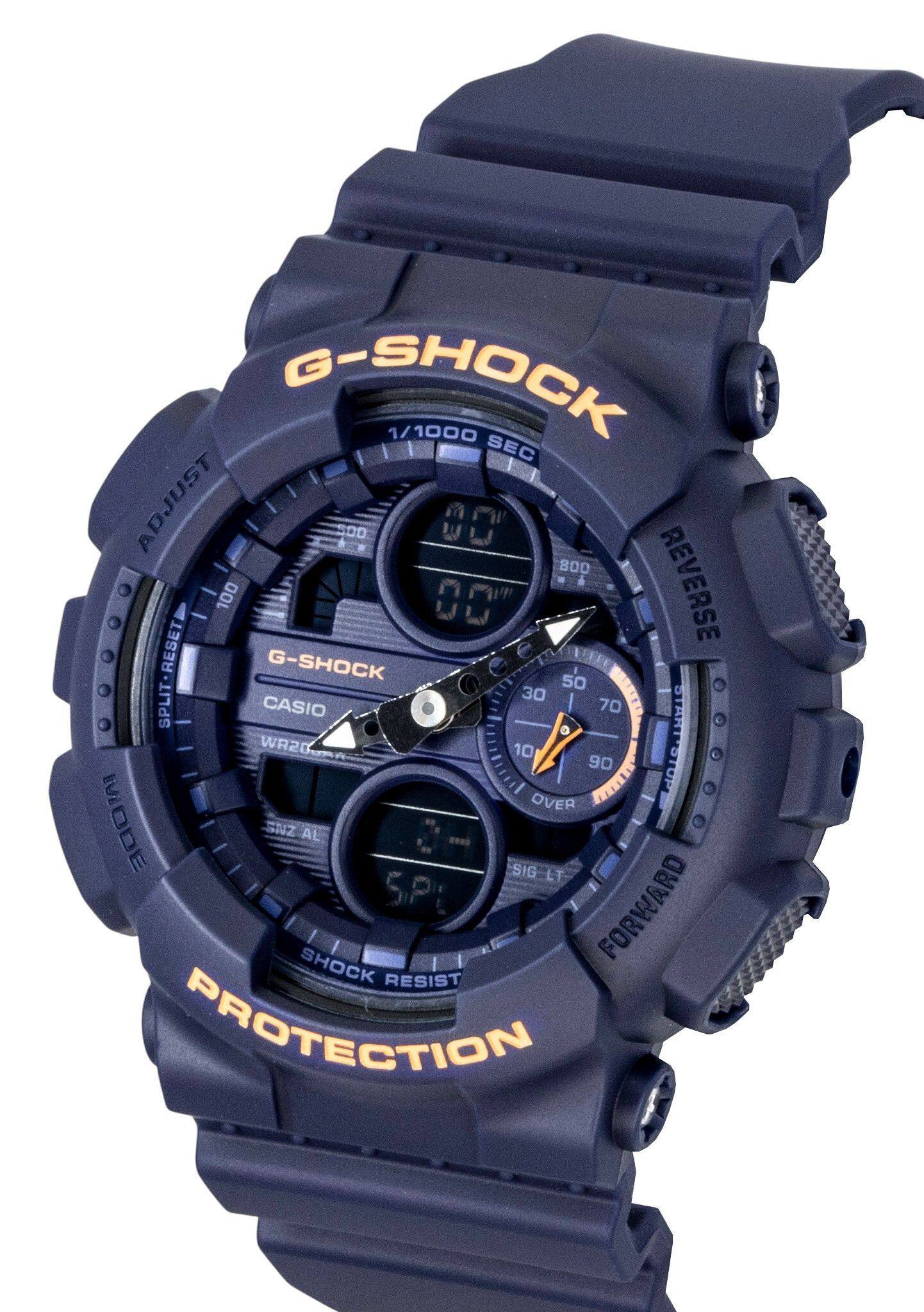 G-SHOCK 1/1000 SEC ADJUST 300 0 0 800 RESET 100 00" REVERSE G-SHOCK 50 30 SPLIT CASIO 70 START O EVI WA20 10 90 START-STOP OVER MODE SNZ AL SIG LT SP: FORWARD SHOCK RESIST PROTECTION