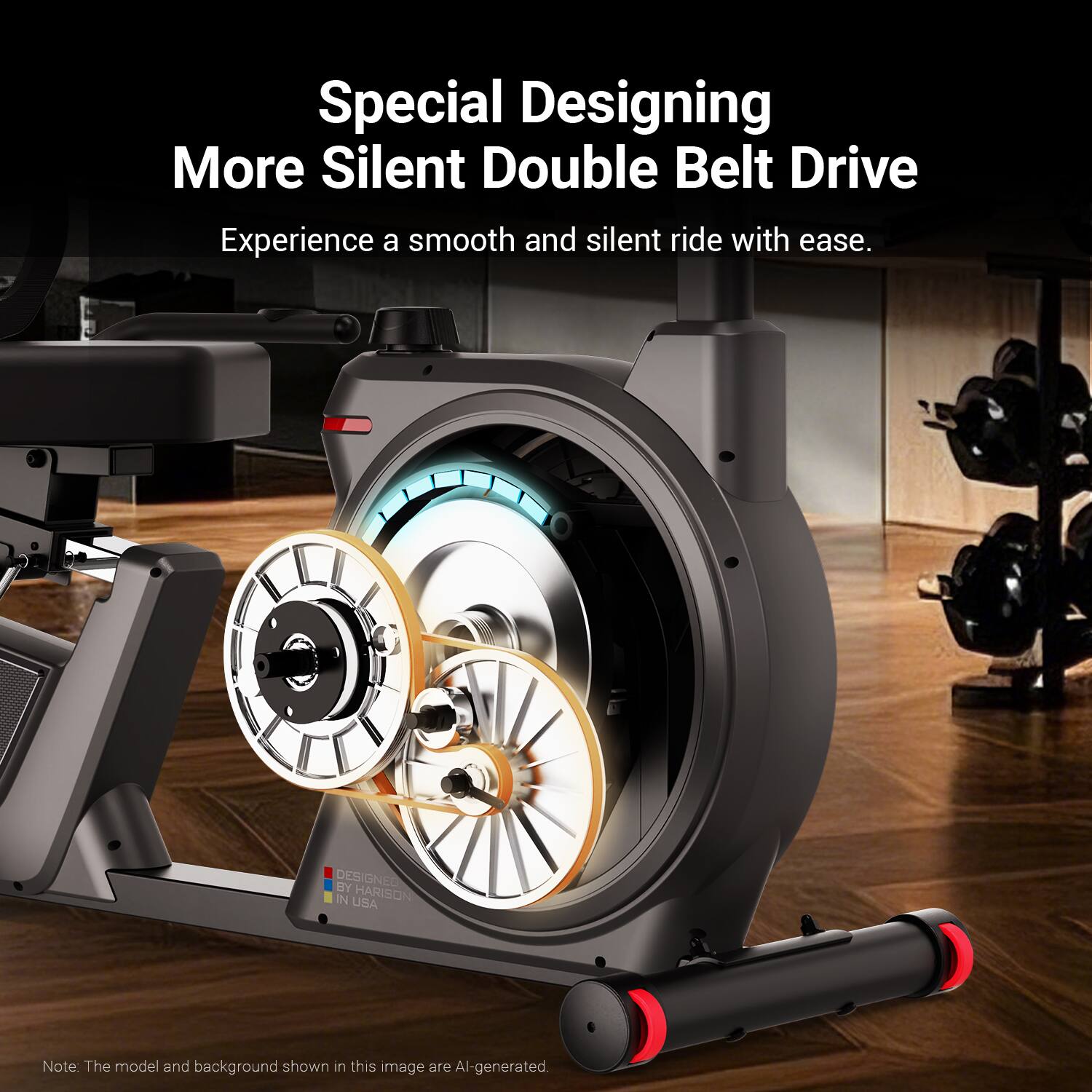 Special Designing More Silent Double Belt Drive  
Experience a smooth and silent ride with ease.  
DESIGNED BY IN HARISON USA  

Note: The model and background shown in this image are AI-generated.