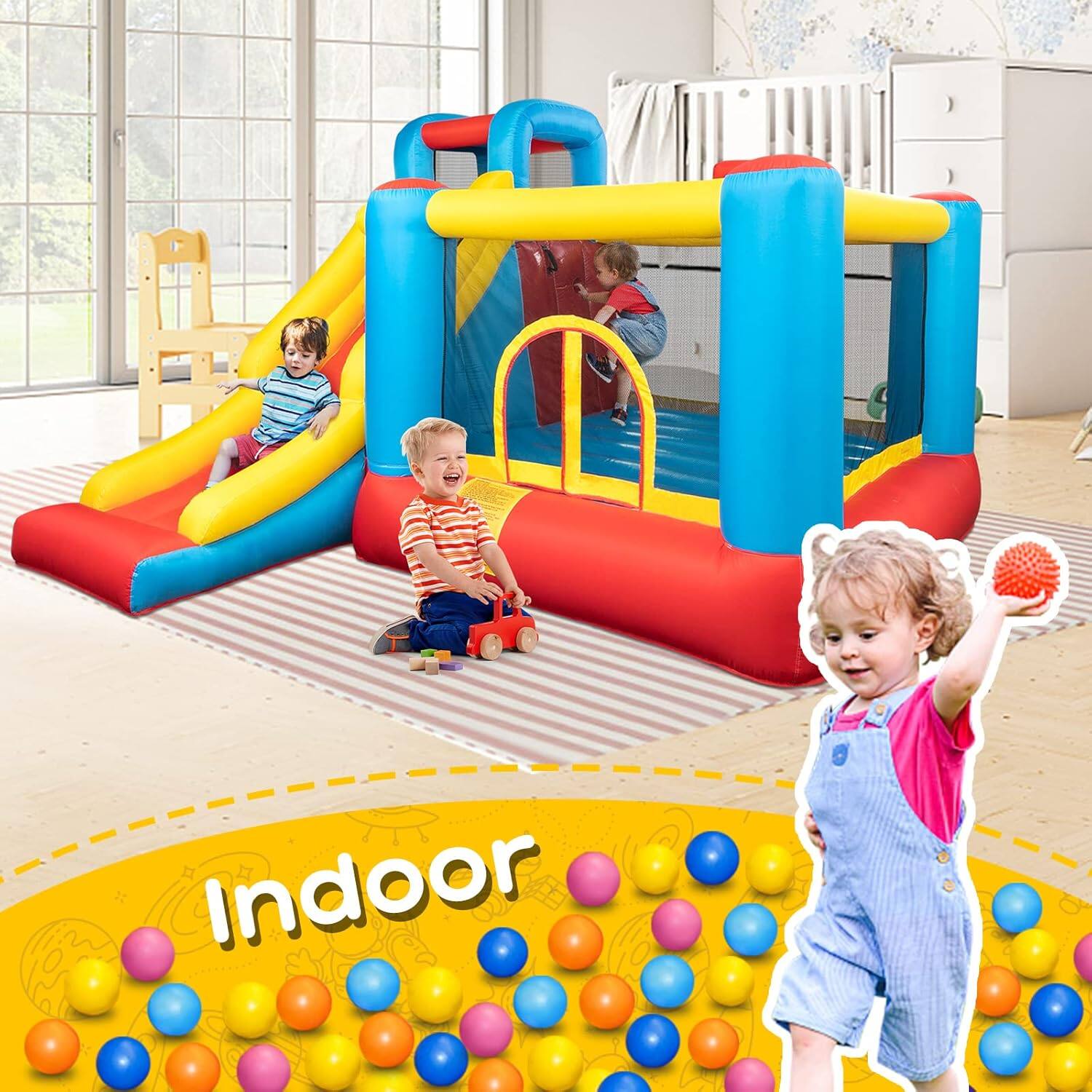 Left. Winado - Bounce House Inflatable Bouncing Castle Play Center w/Air Blower, Jump'n Slide Bouncer, Suitable for Toddler Baby & Litt.
