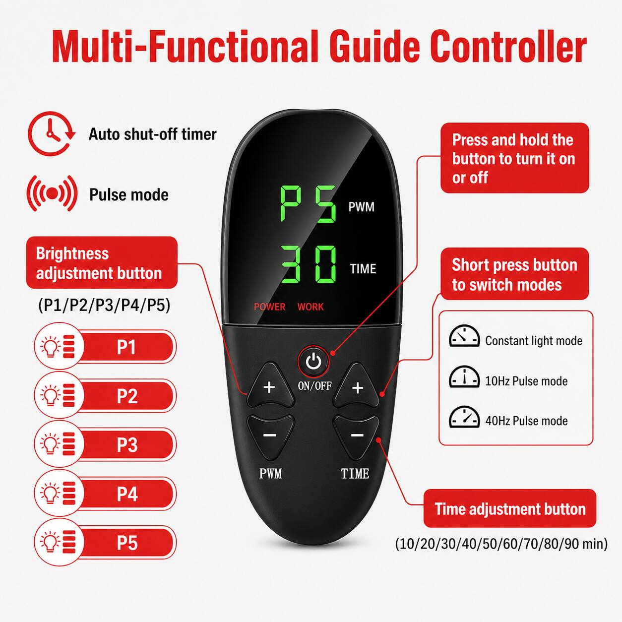 Multi-Functional Guide Controller

Auto shut-off timer
Pulse mode
Brightness adjustment button (P1/P2/P3/P4/P5)

PS PWM 30 TIME POWER WORK

Press and hold the button to turn it on or off
Short press button to switch modes

P1
Constant light mode

P2 P3
+ -
ON/OFF
+ -
10Hz Pulse mode 40Hz Pulse mode

P4
PWM
TIME

Time adjustment button

P5
(10/20/30/40/50/60/70/80/90 min)