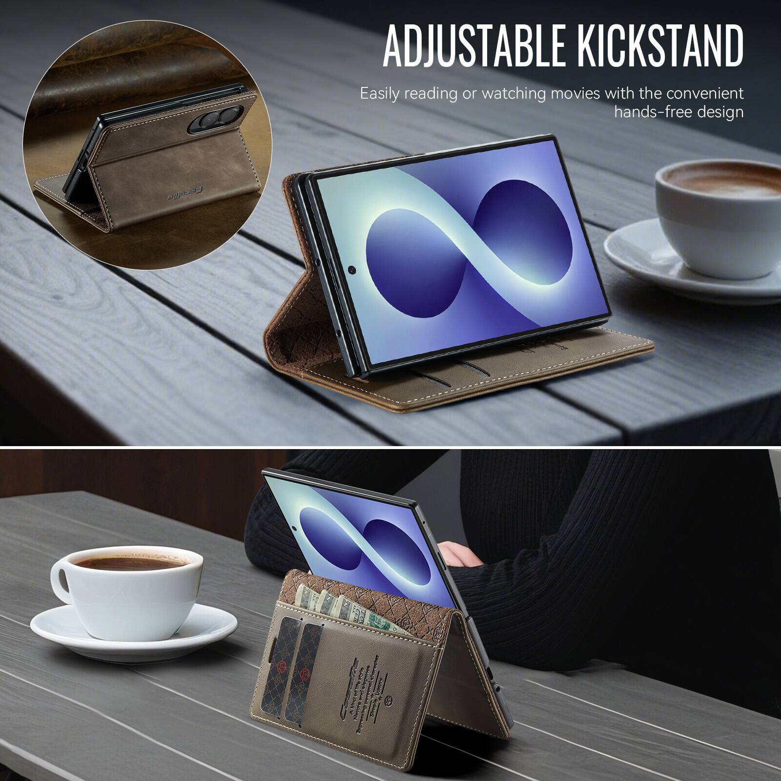 ADJUSTABLE KICKSTAND  
Easily reading or watching movies with the convenient hands-free design
