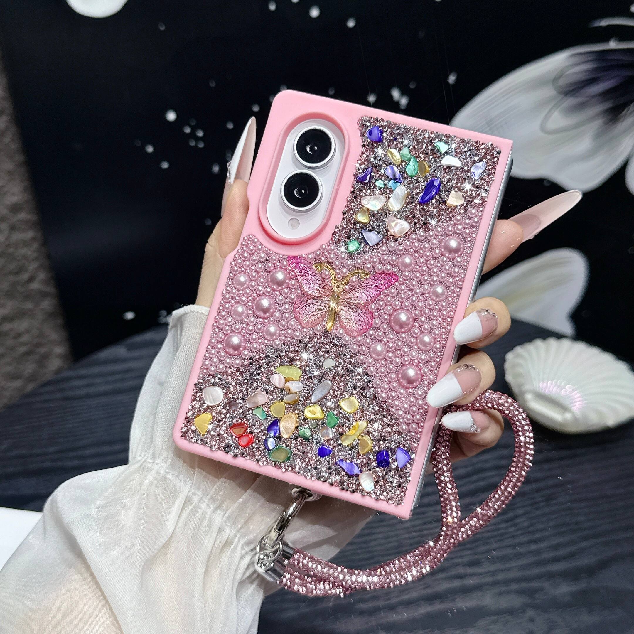 Angle. Dteck - Diamond Case for Samsung Galaxy Z Fold 8, Sparkle Glitter Rhinestone Butterfly Phone Cover with Strap - Pink.