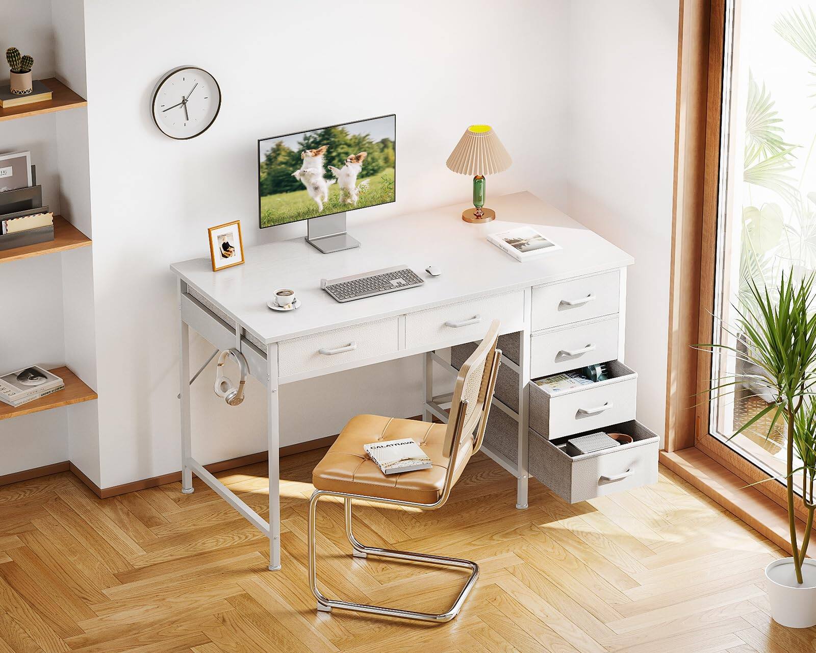 Alt View 5. JETRANSPORT - Computer Desk With 6 Drawers  40 Inch Small Storage Reversible Headphone Hook For Home Office Work Study Table - White 48 Inch.