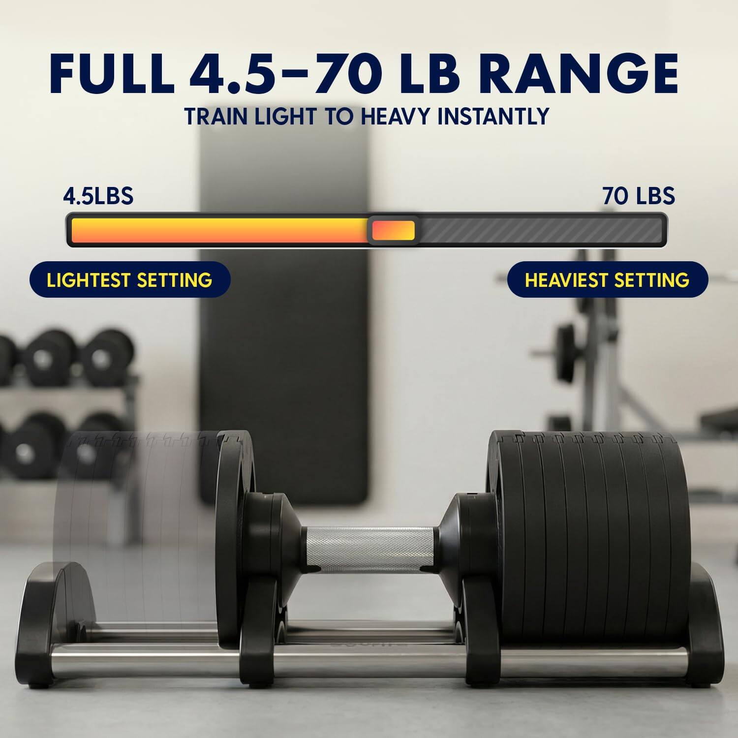 FULL 4.5–70 LB RANGE  
TRAIN LIGHT TO HEAVY INSTANTLY  

4.5 LBS  
LIGHTEST SETTING  

70 LBS  
HEAVIEST SETTING