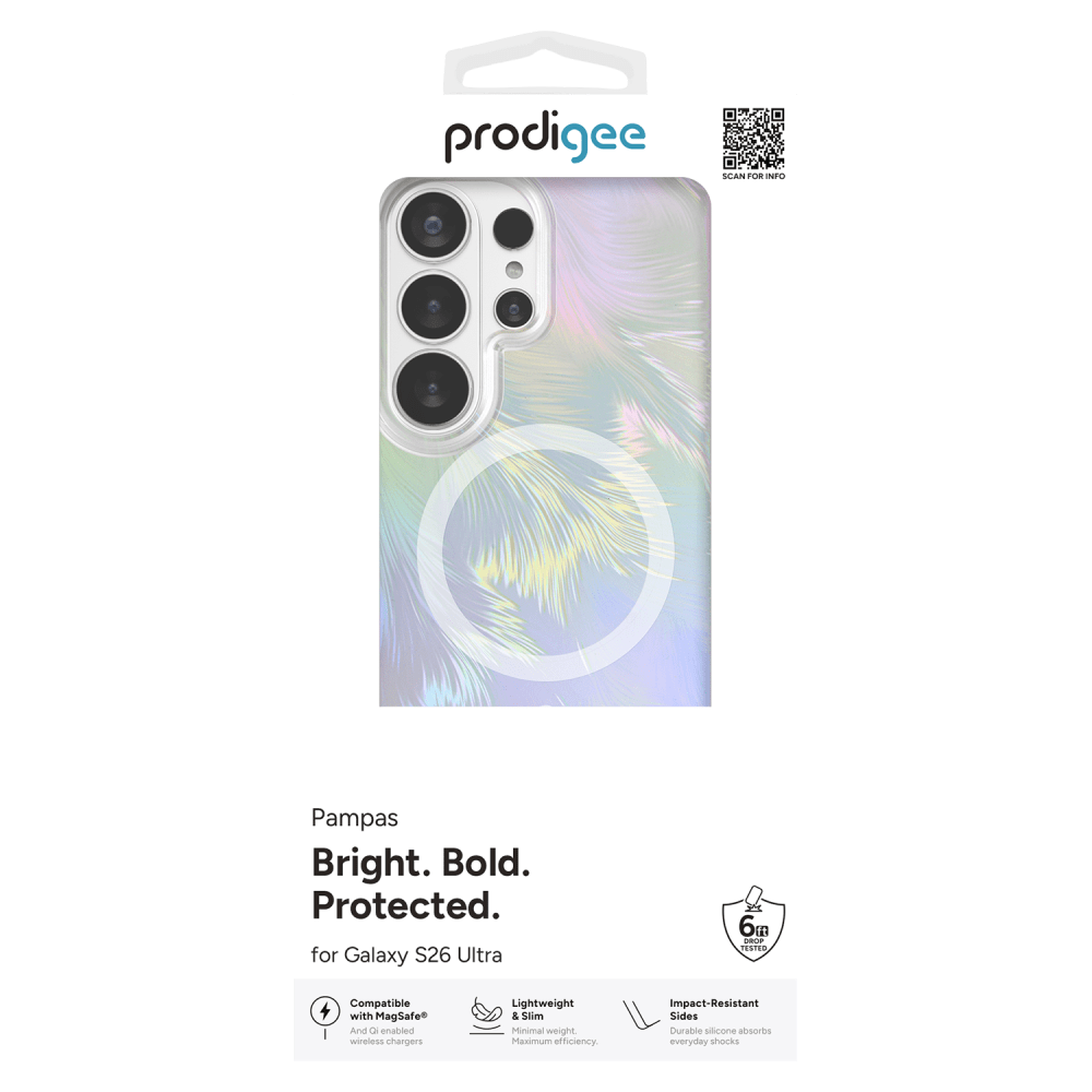 prodigee

SCAN FOR INFO

Pampas
Bright. Bold. Protected.
for Galaxy S26 Ultra

6FT DROP TESTED

Compatible with MagSafe And Qi enabled wireless chargers

Lightweight & Slim
Minimal weight Maximum efficiency.

Impact-Resistant Sides
Durable silicone absorbs everyday shocks