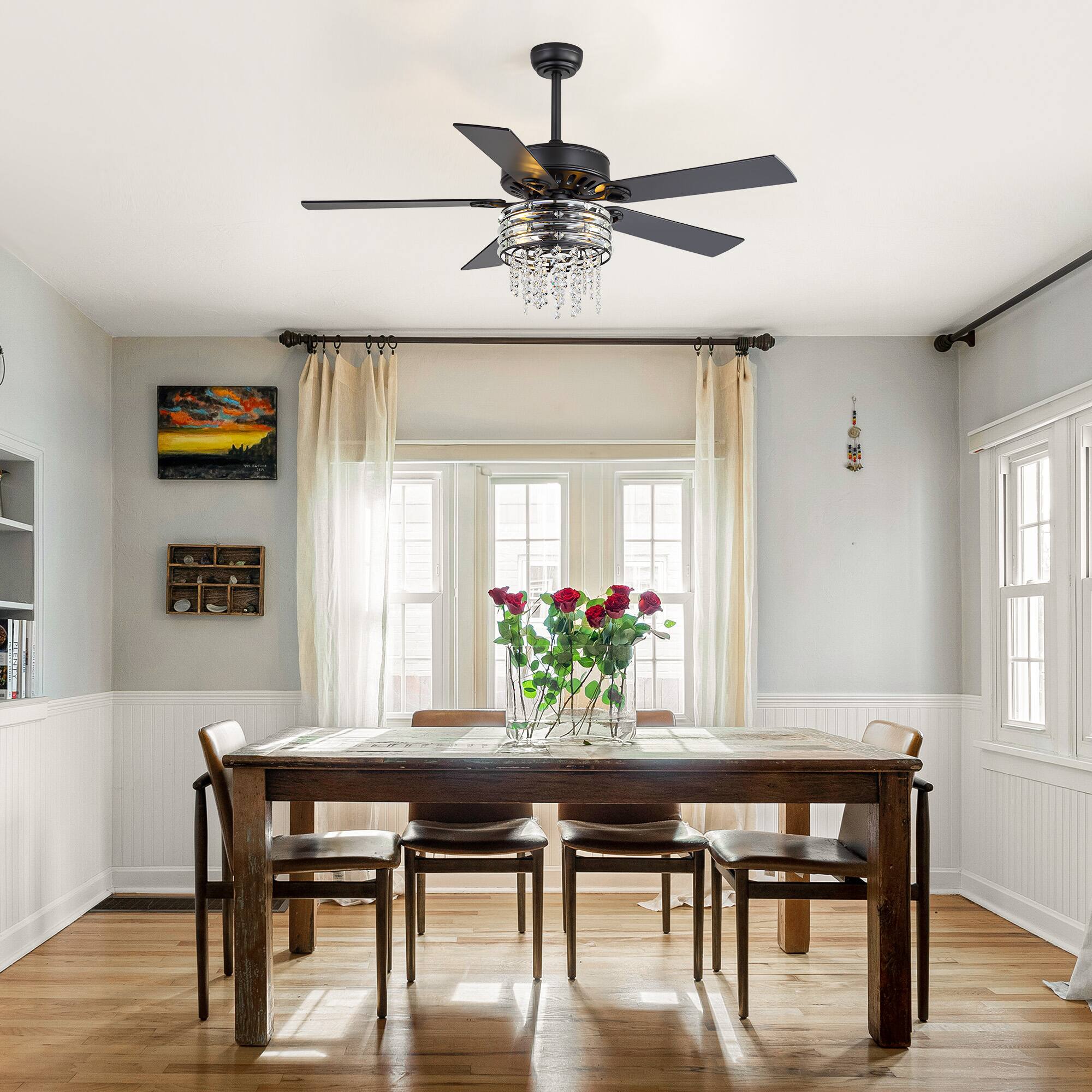 Alt View 10. Breezary - 52-Inch Ceiling Fan with Light, 5 Reversible Plywood Blades, Crystal Cage Fixture, DC Motor, Remote, 2 Downrods - Grey.