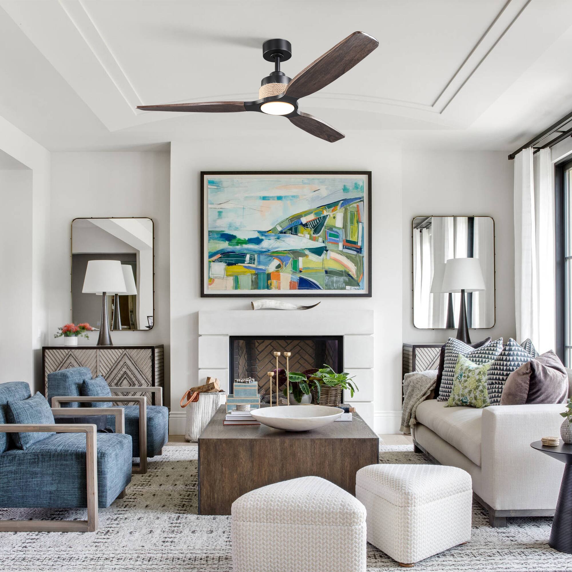 Angle. Parrot Uncle - 56" Transition Black Solid Wood Jute 3CCT LED Ceiling Fan with Light and Remote - Black.