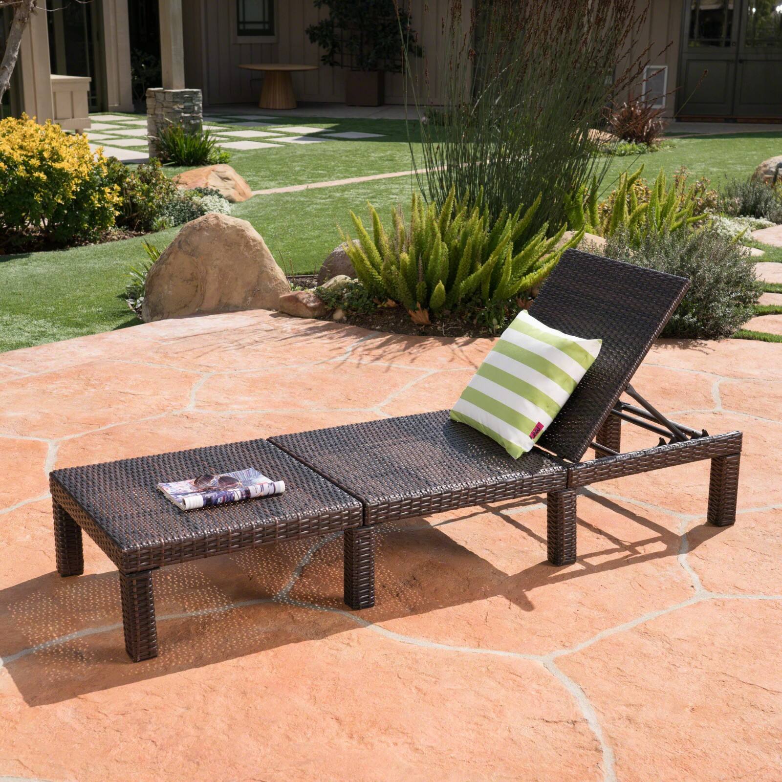 Alt View 4. Ecooso - Outdoor Chaise Lounge with Wicker Design and Adjustable Backrest - Brown.
