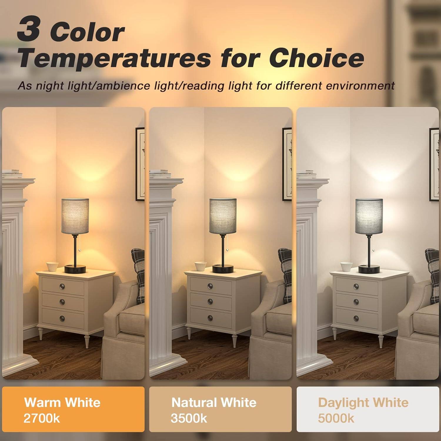 3 Color Temperatures for Choice

As night light/ambience light/reading light for different environment

Warm White 2700k

Natural White 3500k

Daylight White 5000k