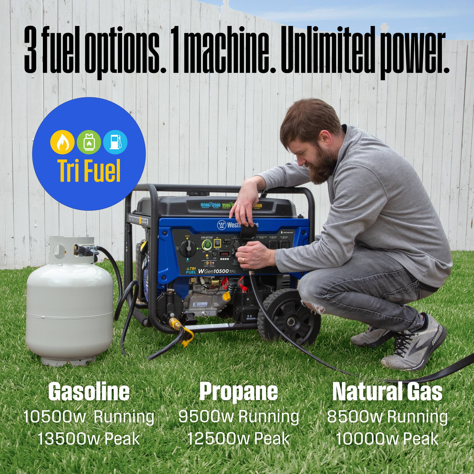 3 fuel options. 1 machine. Unlimited power.

Tri Fuel

Gasoline
10500w Running
13500w Peak

Propane
9500w Running
12500w Peak

Natural Gas
8500w Running
10000w Peak