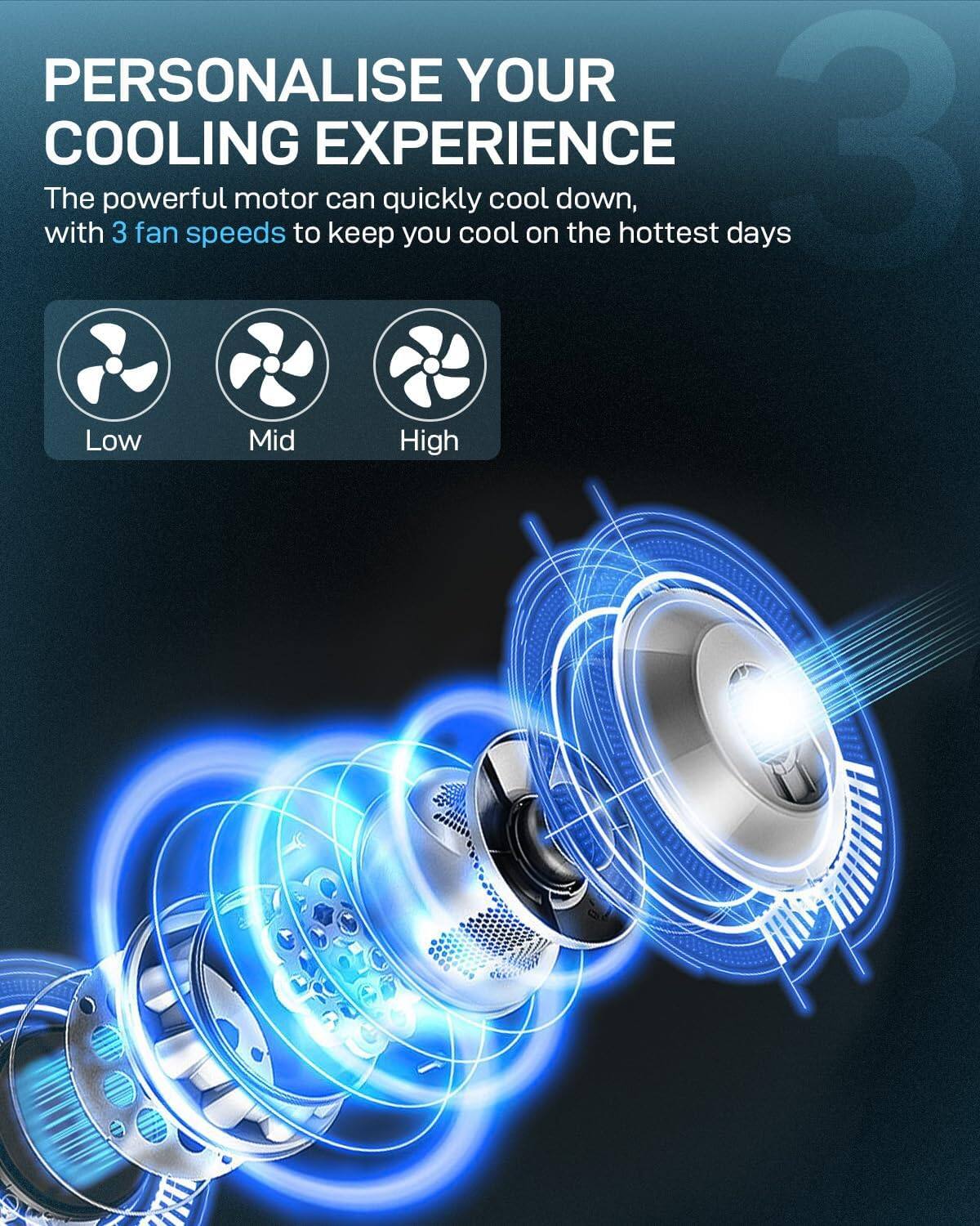 PERSONALISE YOUR COOLING EXPERIENCE

The powerful motor can quickly cool down, with 3 fan speeds to keep you cool on the hottest days

Low  Mid  High