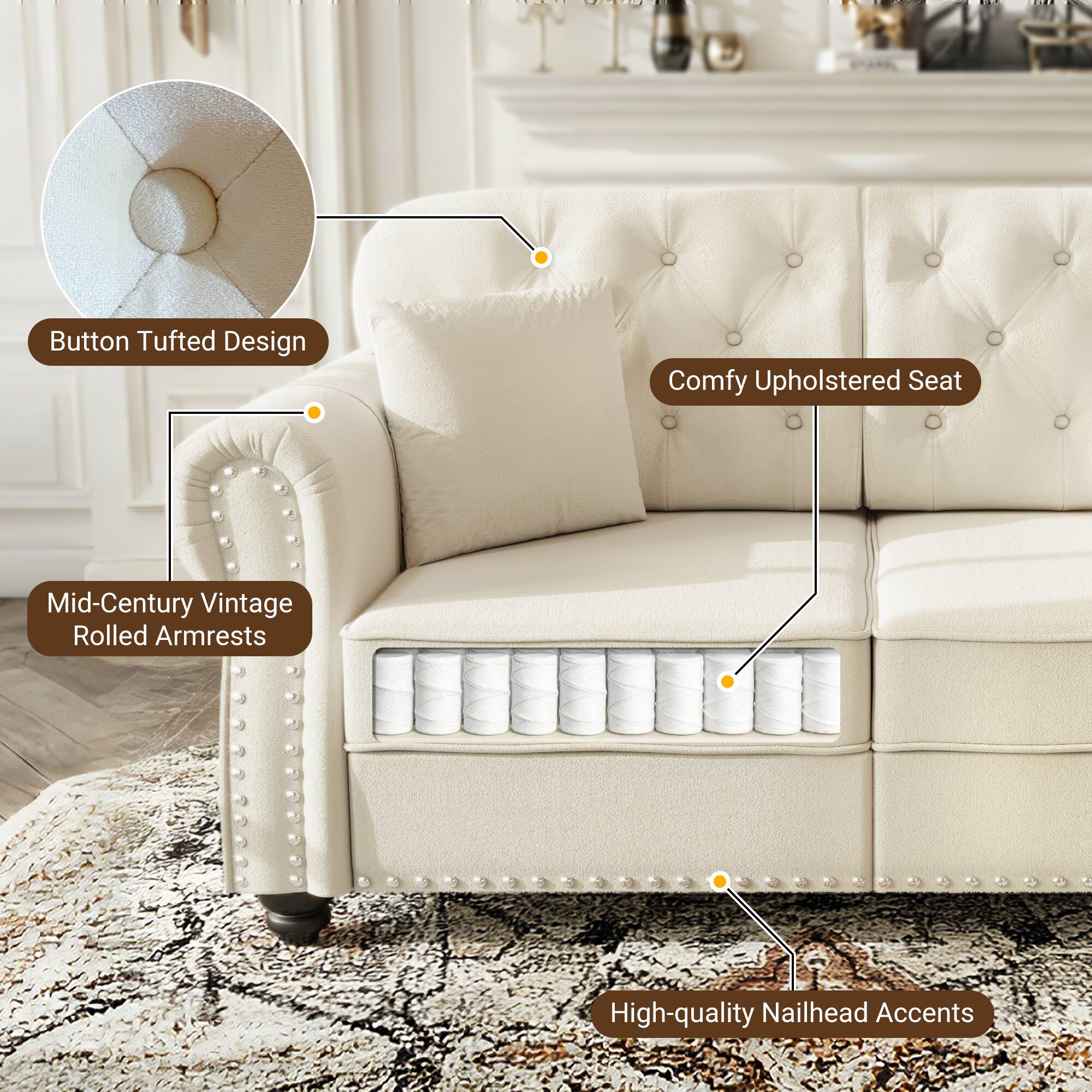 Button Tufted Design Comfy Upholstered Seat Mid-Century Vintage Rolled Armrests High-quality Nailhead Accents