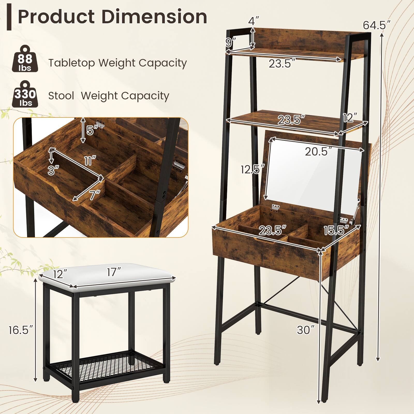 Product Dimension, 88 lbs, Tabletop Weight Capacity, 4", 23.5", 64.5", 330, Stool Weight Capacity, 15, 50, 11", 3", 23.5", 20.5, 12.5", 12", 7", 23.5", 15.5", 12", 17", 16.5", 30"