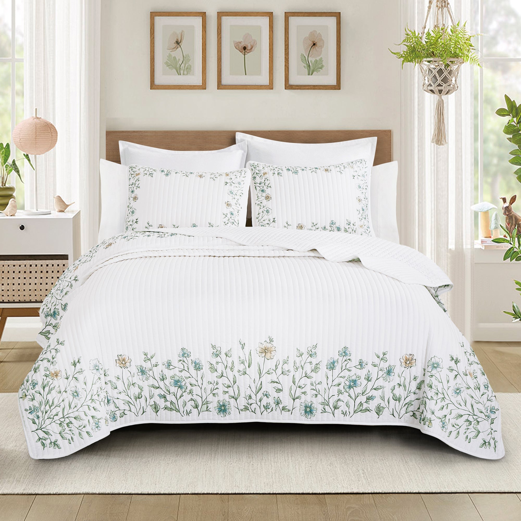 MarCielo - 3 Piece Lightweight Quilt Bedspread Set Reversible Floral Botanical - Green Wildflower price history on PriceWatchPro