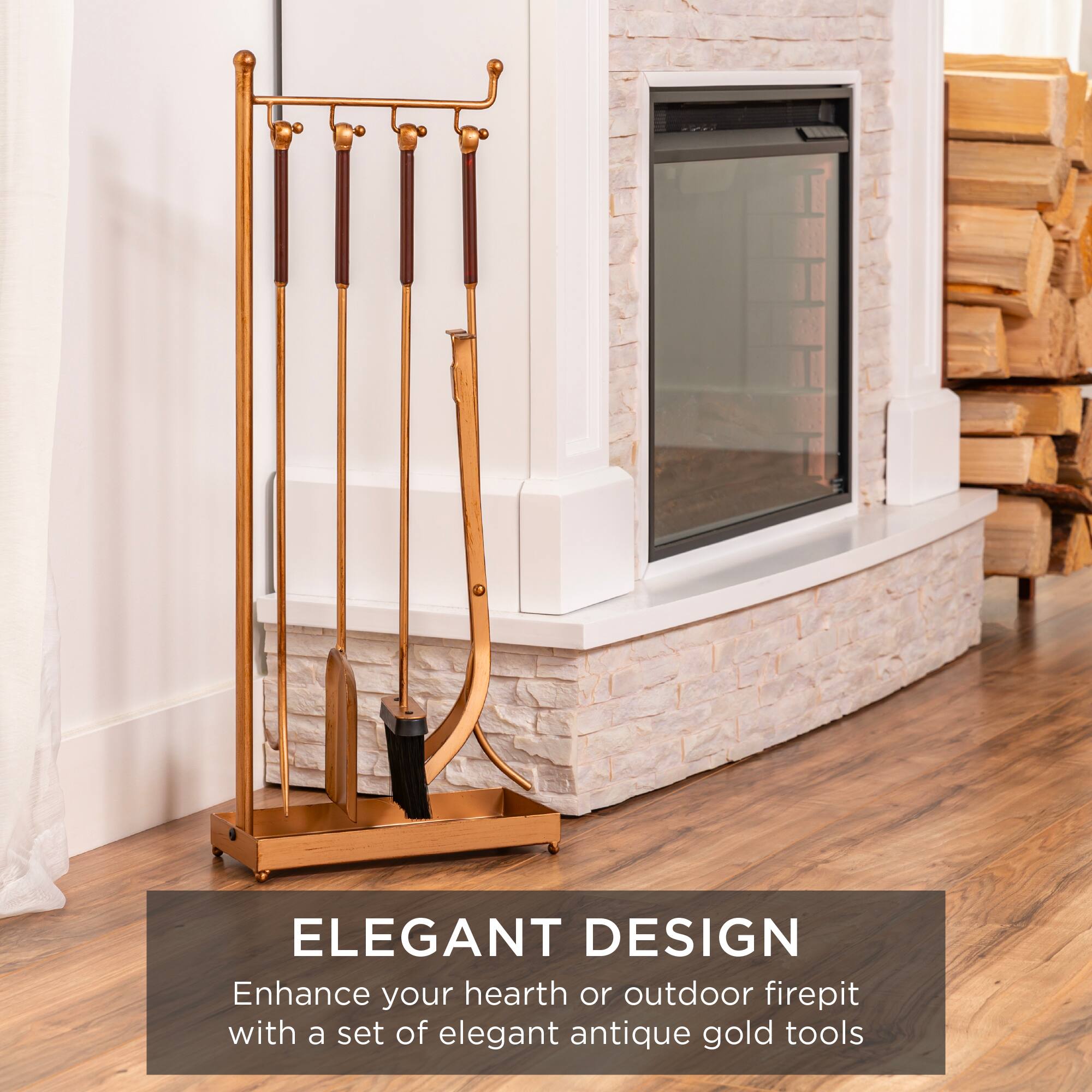 ELEGANT DESIGN
Enhance your hearth or outdoor firepit with a set of elegant antique gold tools.