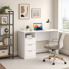 WELLFOR - 42.5" Home Office Desk with Power Outlet, Computer Desk with 3 Drawers and Open Compartment - White