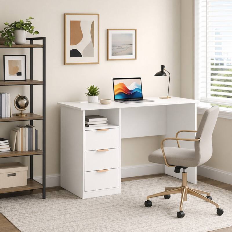 Front. WELLFOR - 42.5" Home Office Desk with Power Outlet, Computer Desk with 3 Drawers and Open Compartment - White.