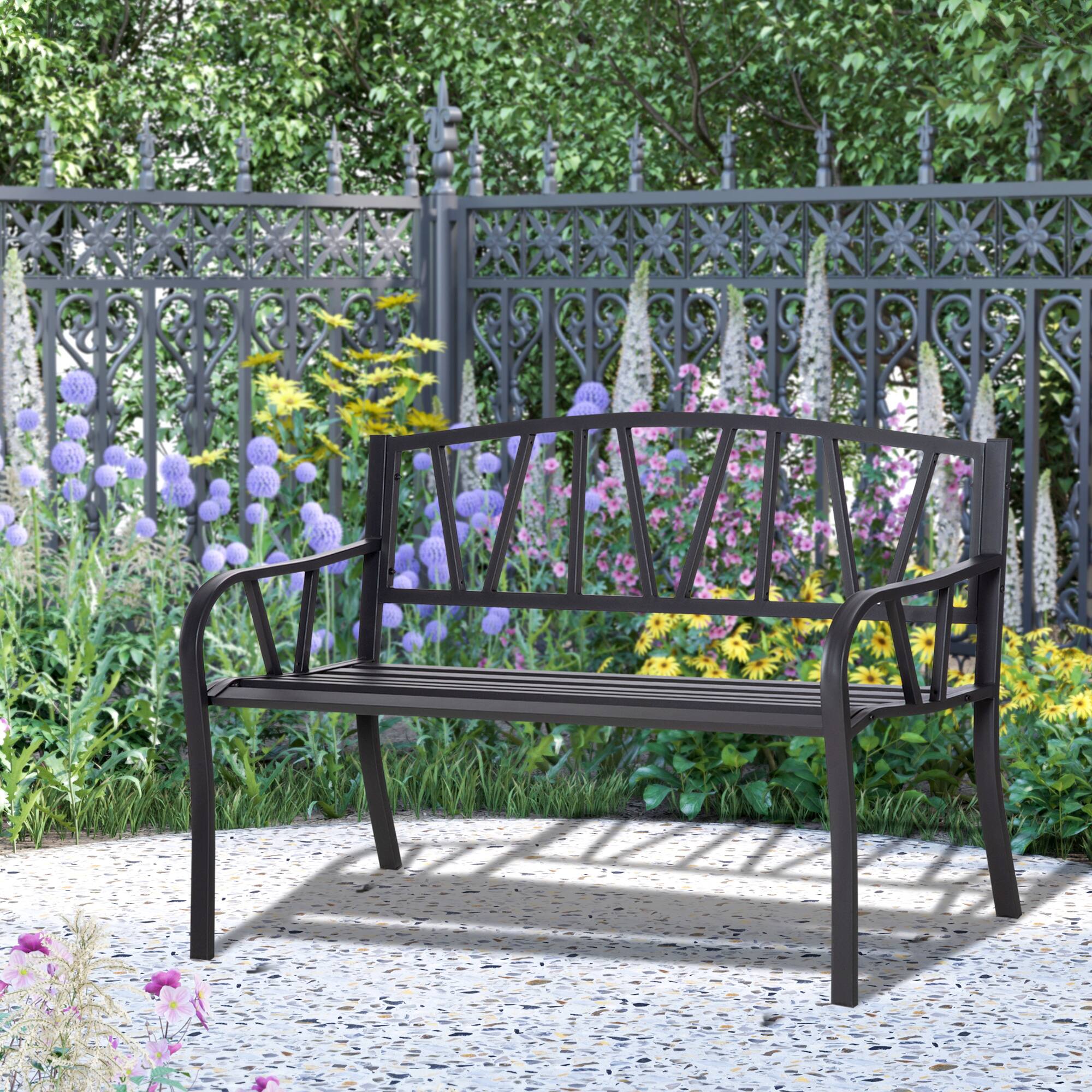 Alt View 1. Outsunny - Outdoor Bench, Metal Garden Bench with V-Shaped Pattern Backrest, Porch Bench with Slatted Seat for Park, Yard - Black.