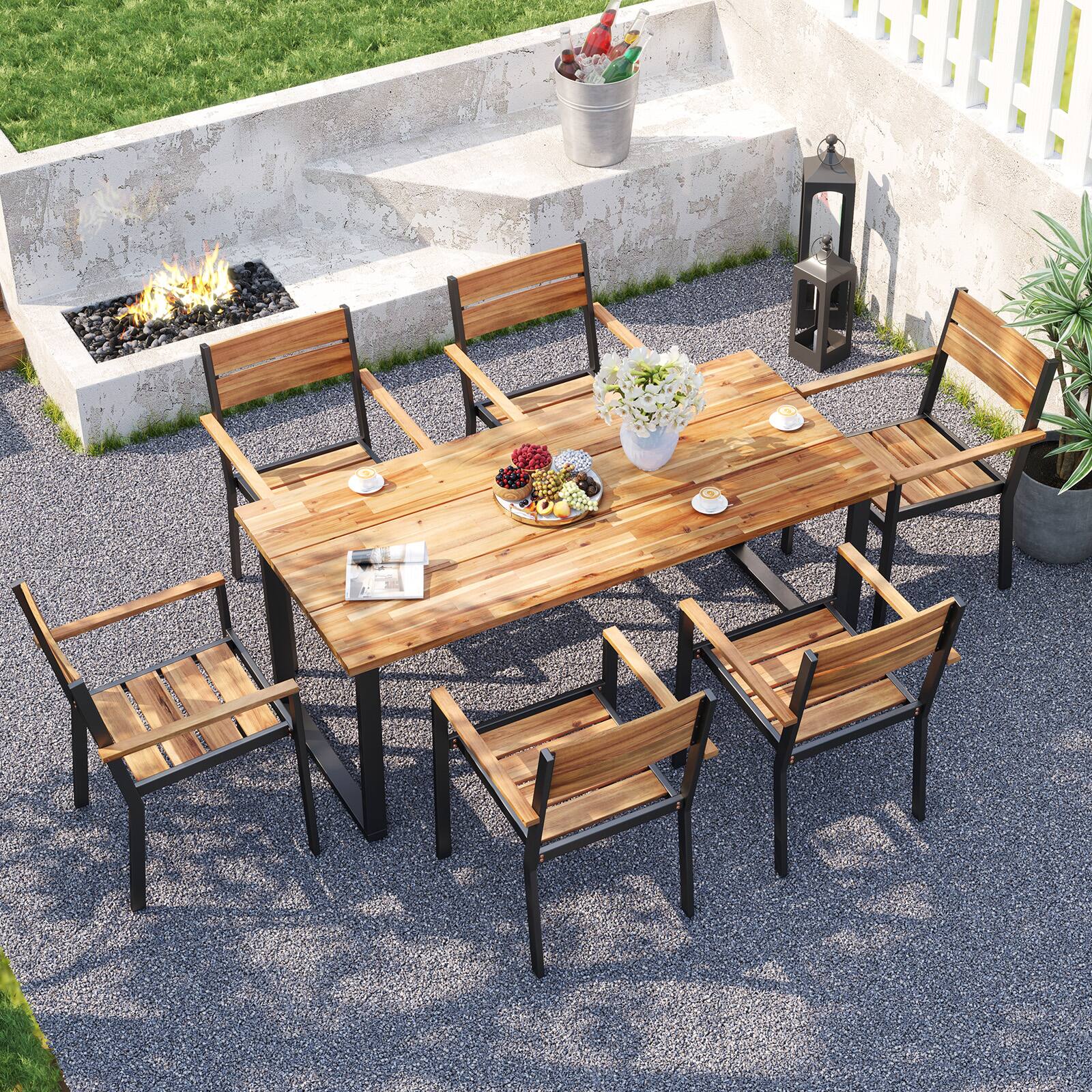 Alt View 3. Gymax - Gymax Patio Dining Chair set of 6 w/ Heavy-duty Metal Frame 6 Acacia Armrest Stackable Chairs - Brown, Black.