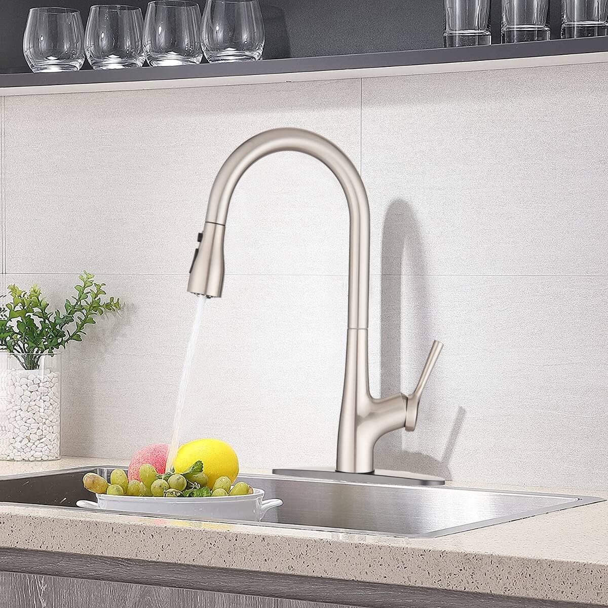 Angle. Ropilly - Ropilly Single Handle Pull Down Kitchen Faucet, Brushed Nickel, High Arc Swivel Spout - Brushed Nickel.