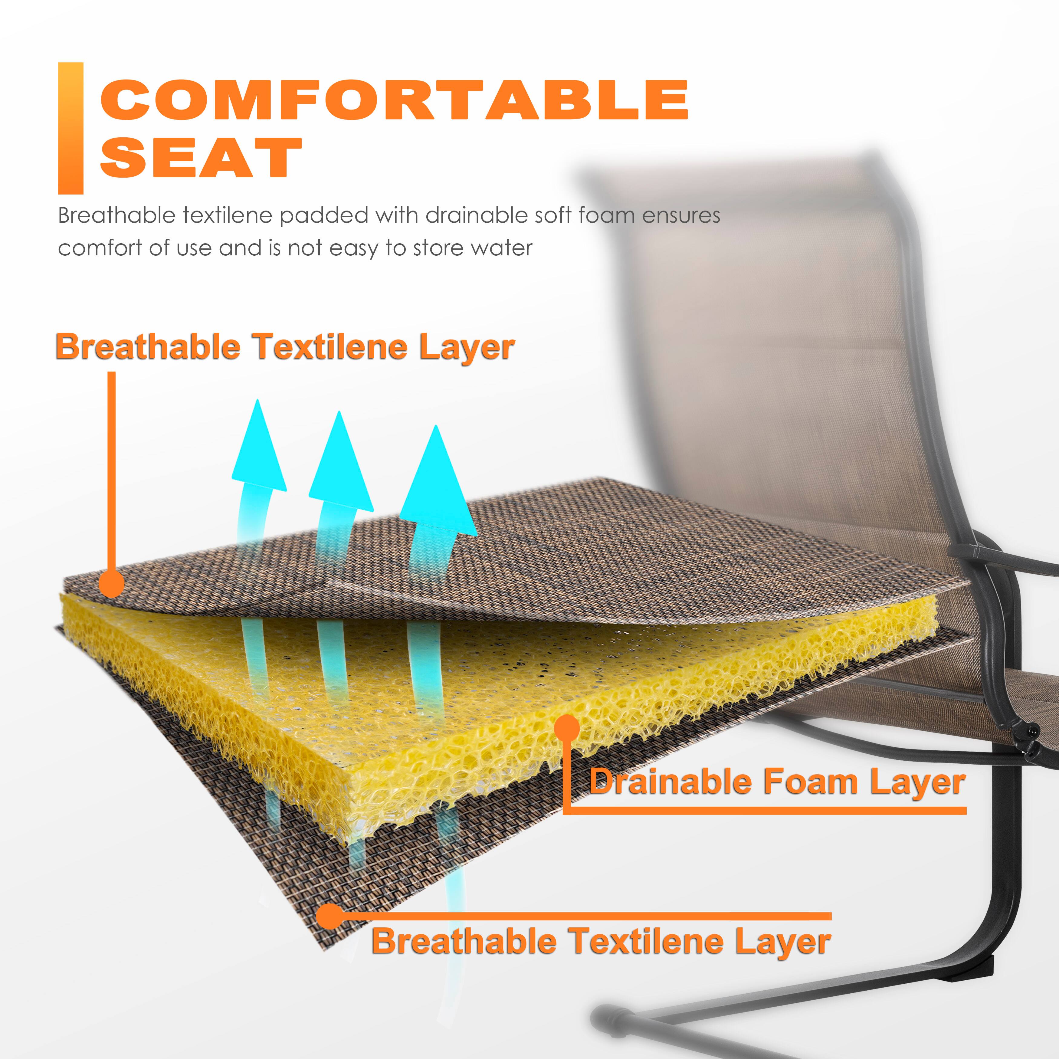 COMFORTABLE SEAT

Breathable textilene padded with drainable soft foam ensures comfort of use and is not easy to store water

Breathable Textilene Layer

Drainable Foam Layer

Breathable Textilene Layer