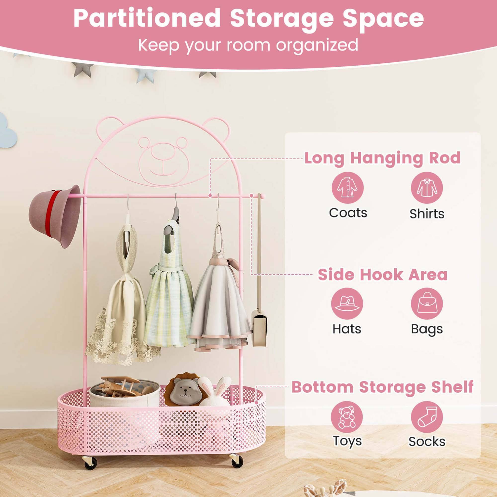 Partitioned Storage Space
Keep your room organized
Long Hanging Rod
Coats
Shirts
Side Hook Area
Hats
Bags
Bottom Storage Shelf
Toys
Socks