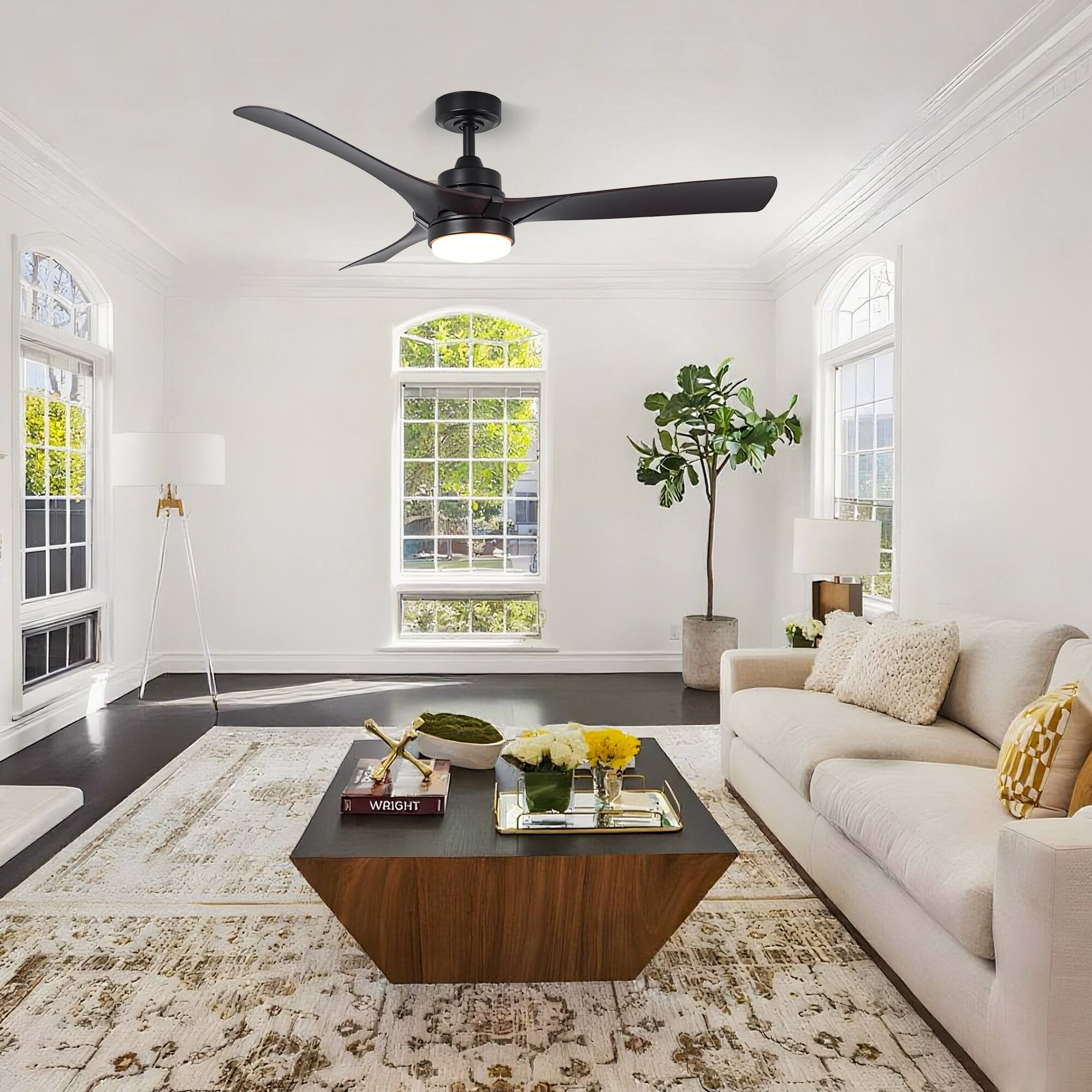 Angle. Parrot Uncle - 52" Modern Black Dimming LED Ceiling Fan with Light and Remote - Black.