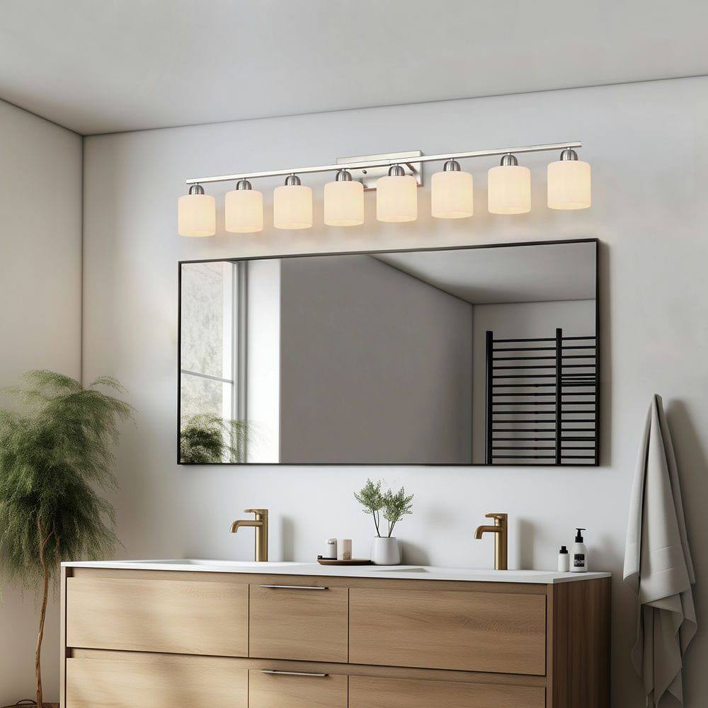 Alt View 5. Kadyn - 8-Light Bathroom Light Fixtures, 52inch Nickel Vanity Light with Milky White Glass Shade, Modern Bathroom Wall Lights - Silver.
