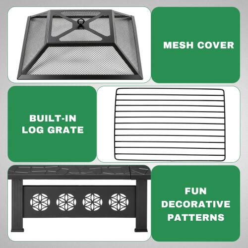 MESH COVER  
BUILT-IN LOG GRATE  
FUN DECORATIVE PATTERNS