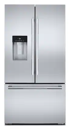 Front. JennAir - Rise 23.84 Cu. Ft. French Door Counter Depth Refrigerator with External Dispenser - Stainless Steel.