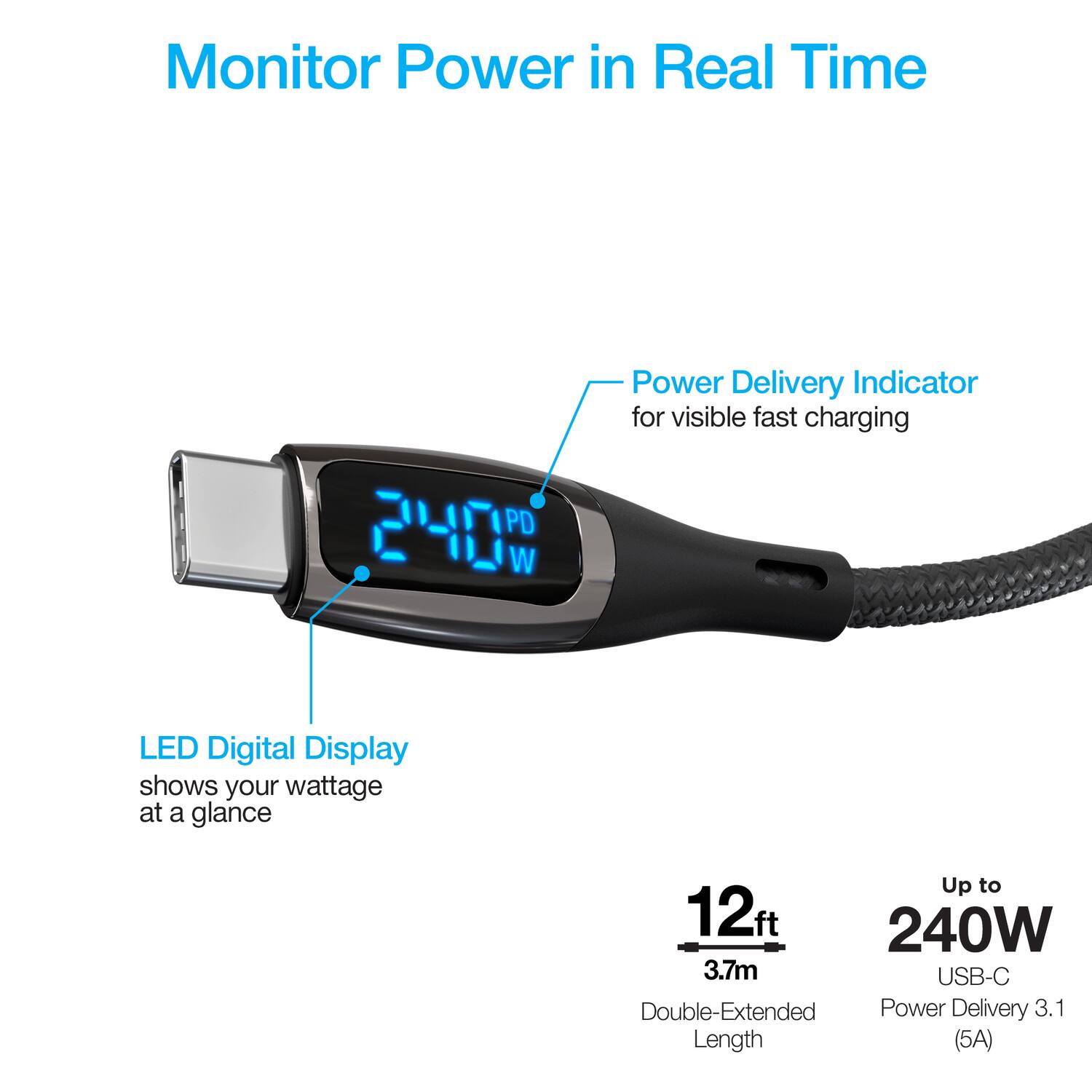 Monitor Power in Real Time

- Power Delivery Indicator for visible fast charging
- LED Digital Display shows your wattage at a glance

Up to 240W USB-C Double-Extended Power Delivery 3.1 (5A)

12 ft (3.7m) Length