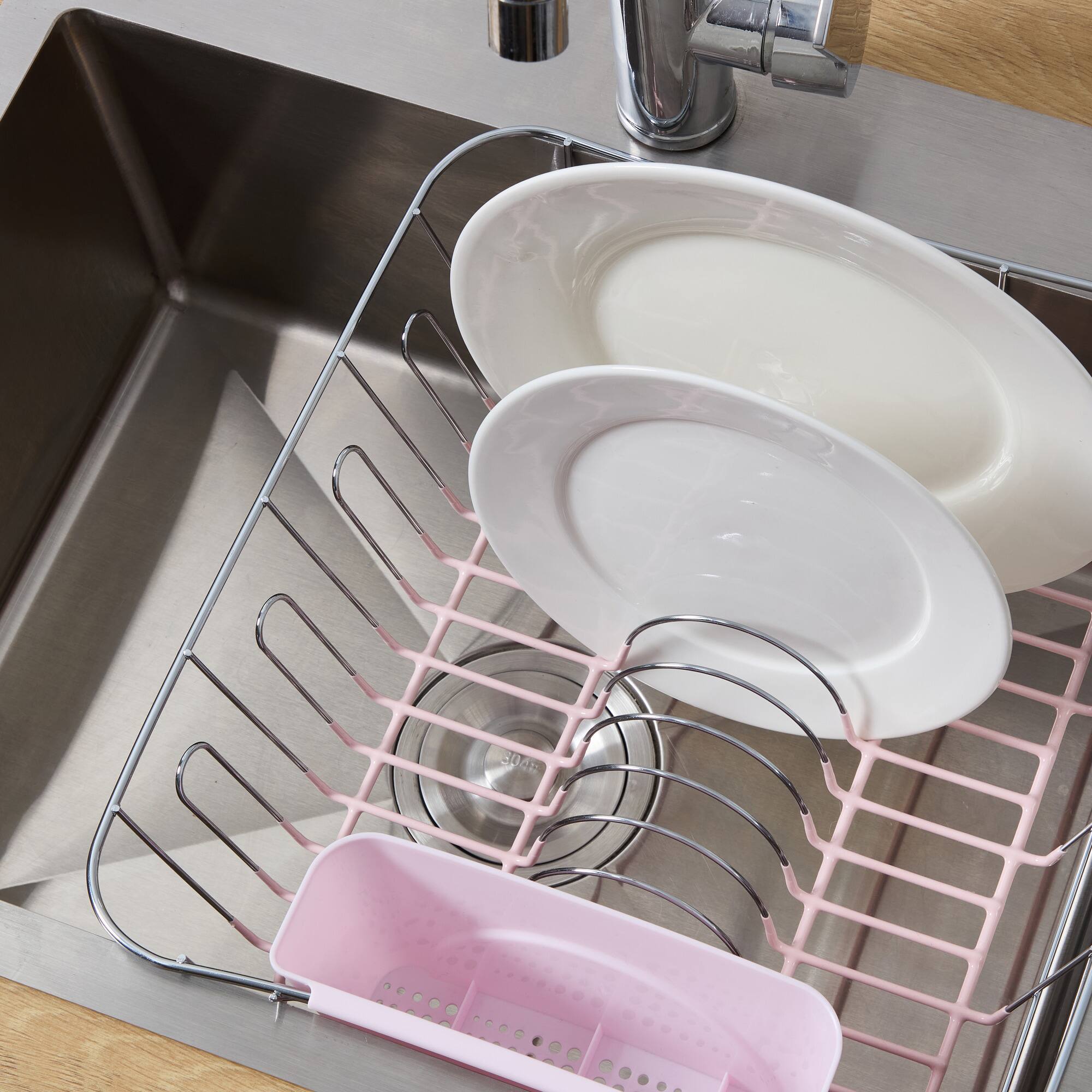 Left. Sweet Home Collection - Chrome Plated Steel 2-Piece Small Compact Dish Drainer - Pale Pink.