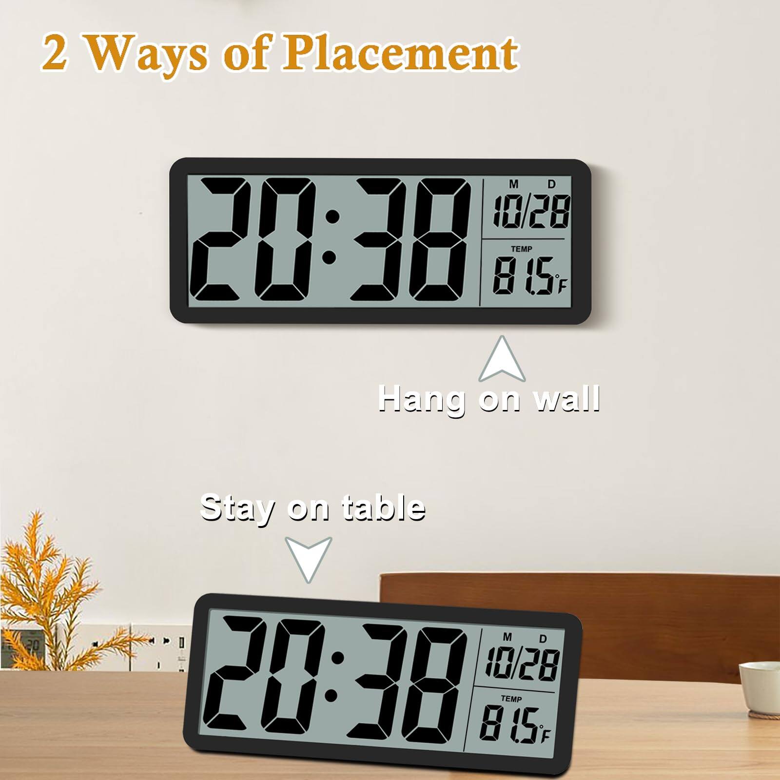 2 Ways of Placement  
M D 10/28 20:38 8 TEMP 15 F  
Hang on wall  
Stay on table  
M D 20:38 10/28 TEMP 81.5 F