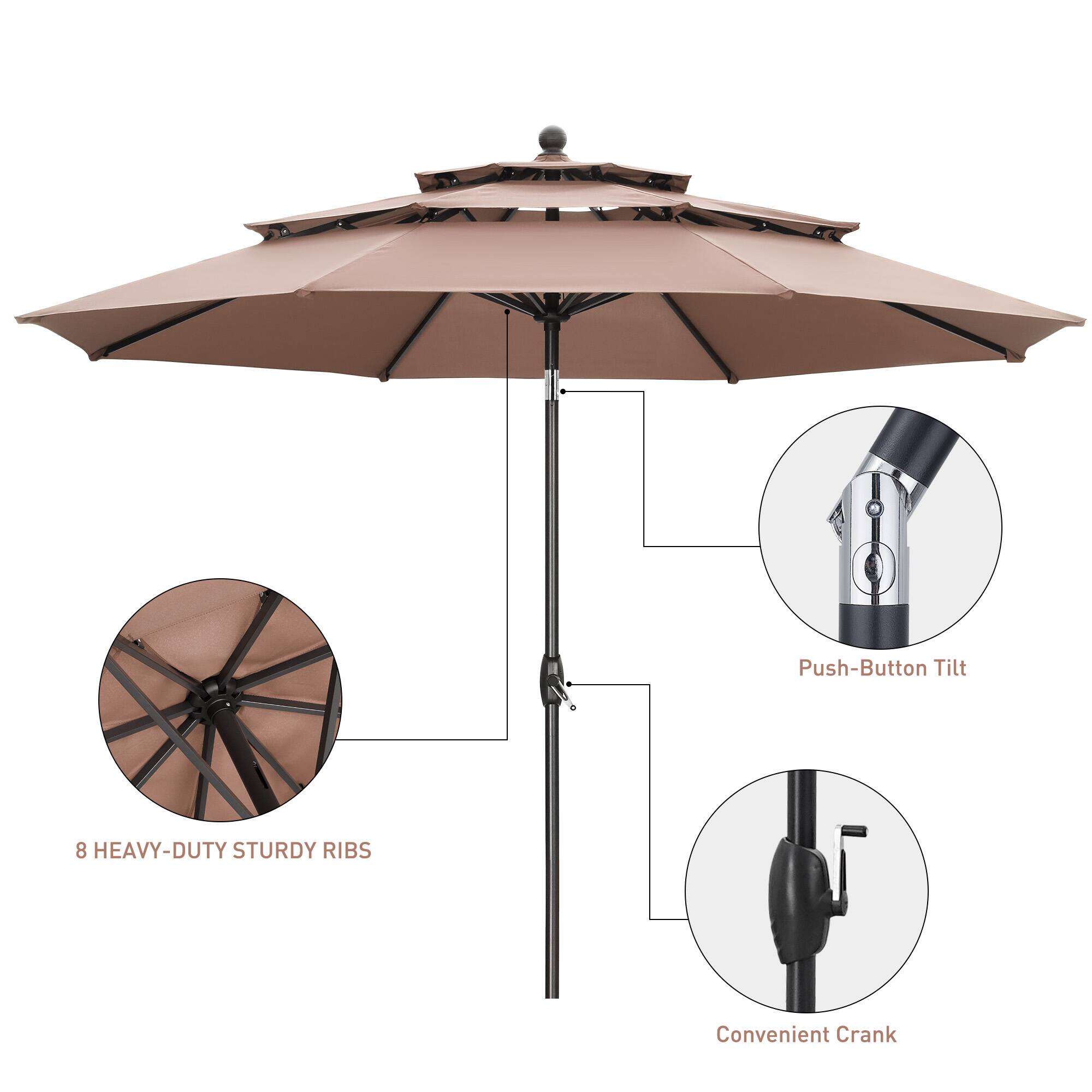 The image features an umbrella with a push-button tilt and a heavy-duty sturdy frame. The umbrella is designed with eight heavy-duty ribs, providing stability and durability. The convenient crank allows for easy opening and closing of the umbrella.