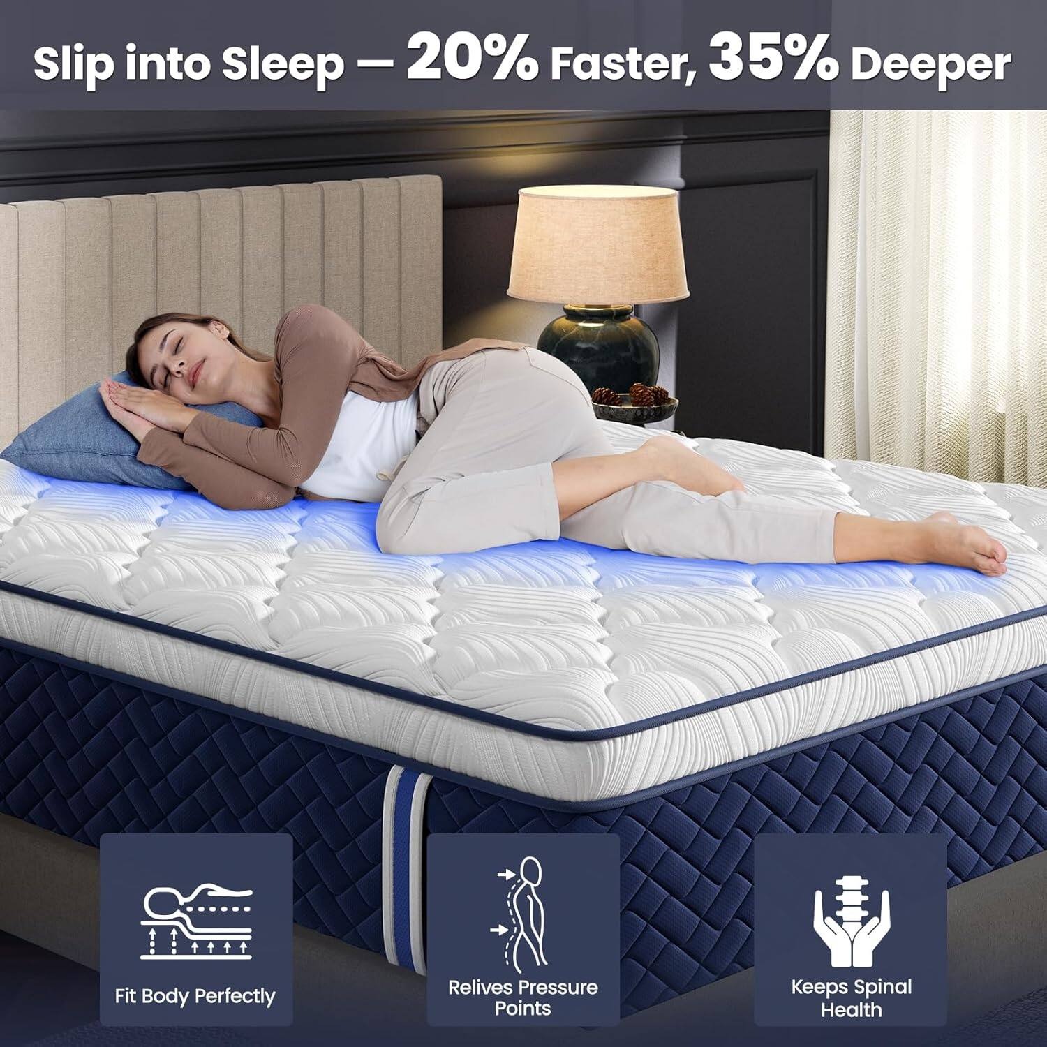 Slip into Sleep – 20% Faster, 35% Deeper

- Fit Body Perfectly
- Relieves Pressure Points
- Keeps Spinal Health