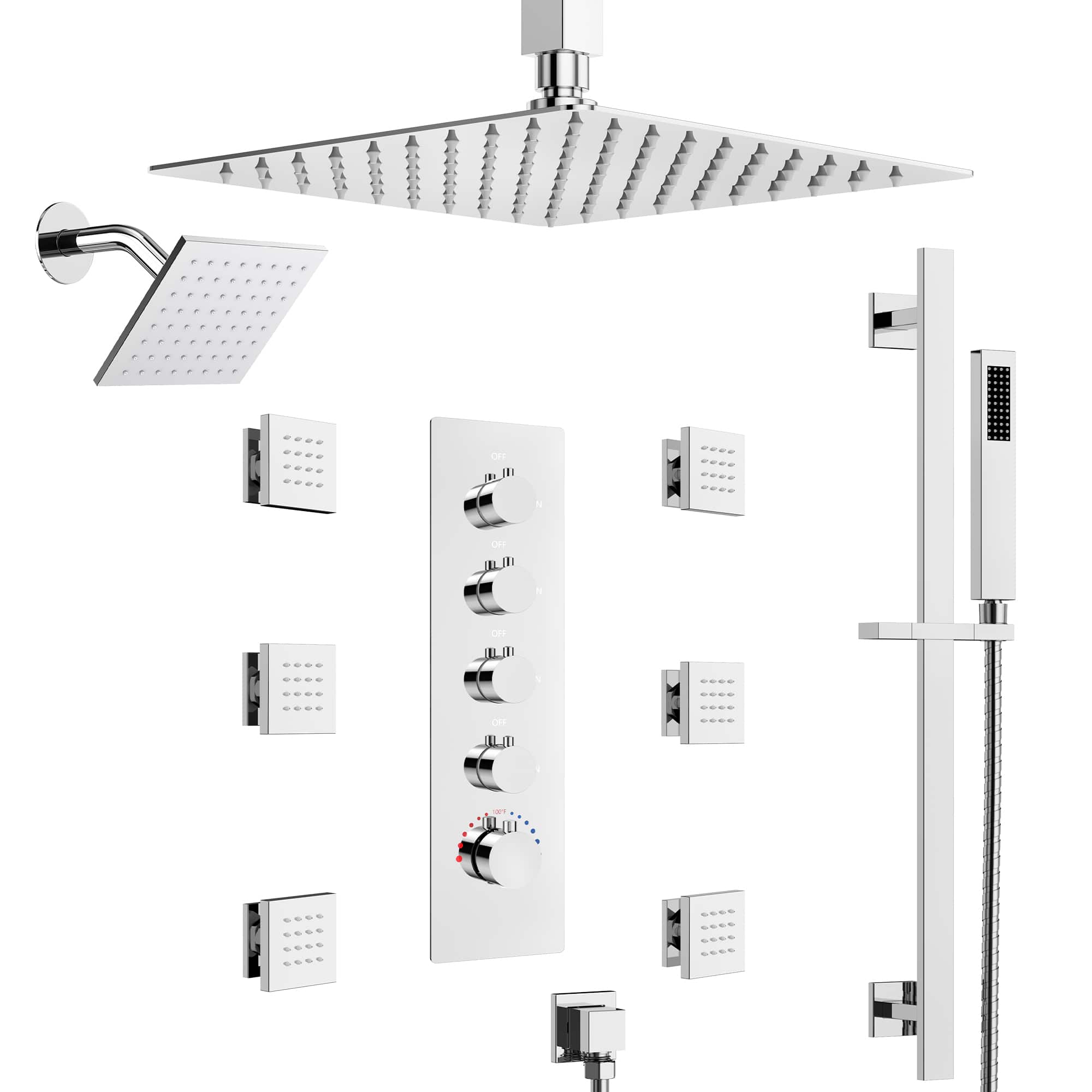 Front. GRANDJOY - 16" Thermostatic Shower System with Dual Rainfall Shower Heads, Handheld Sprayer, and Six Body Jets for Luxury Bathroom - Chrome.