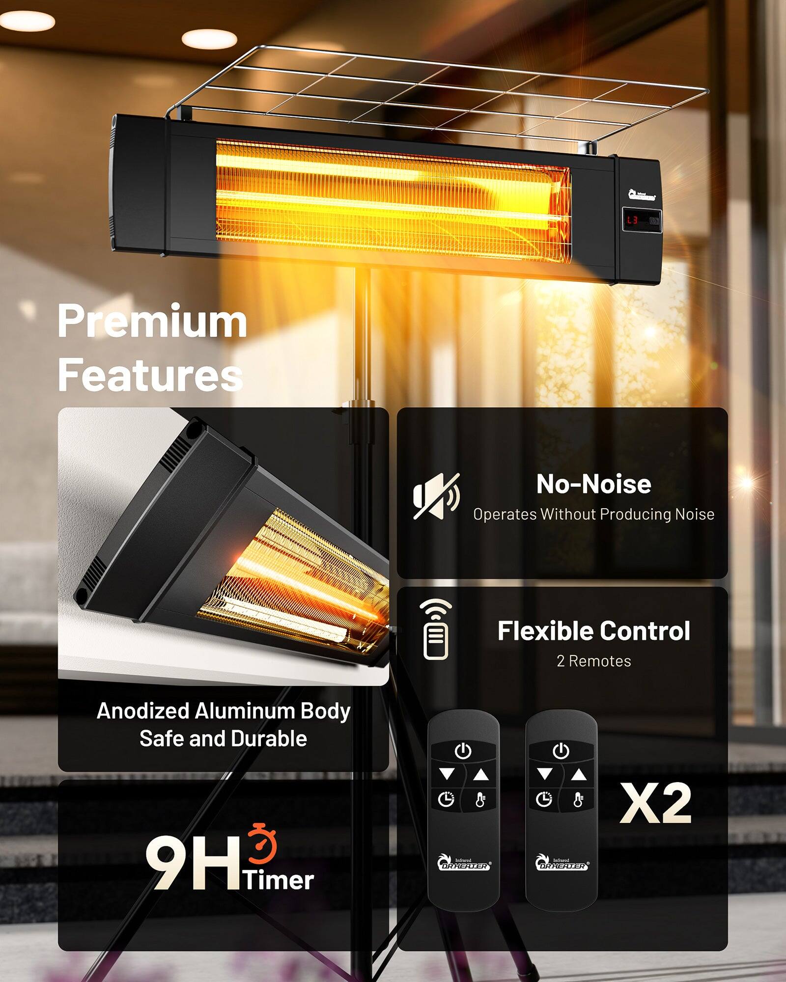 Premium Features

- No-Noise
  - Operates Without Producing Noise

- Flexible Control
  - 2 Remotes

- Anodized Aluminum Body
  - Safe and Durable

- 9H Timer

X2