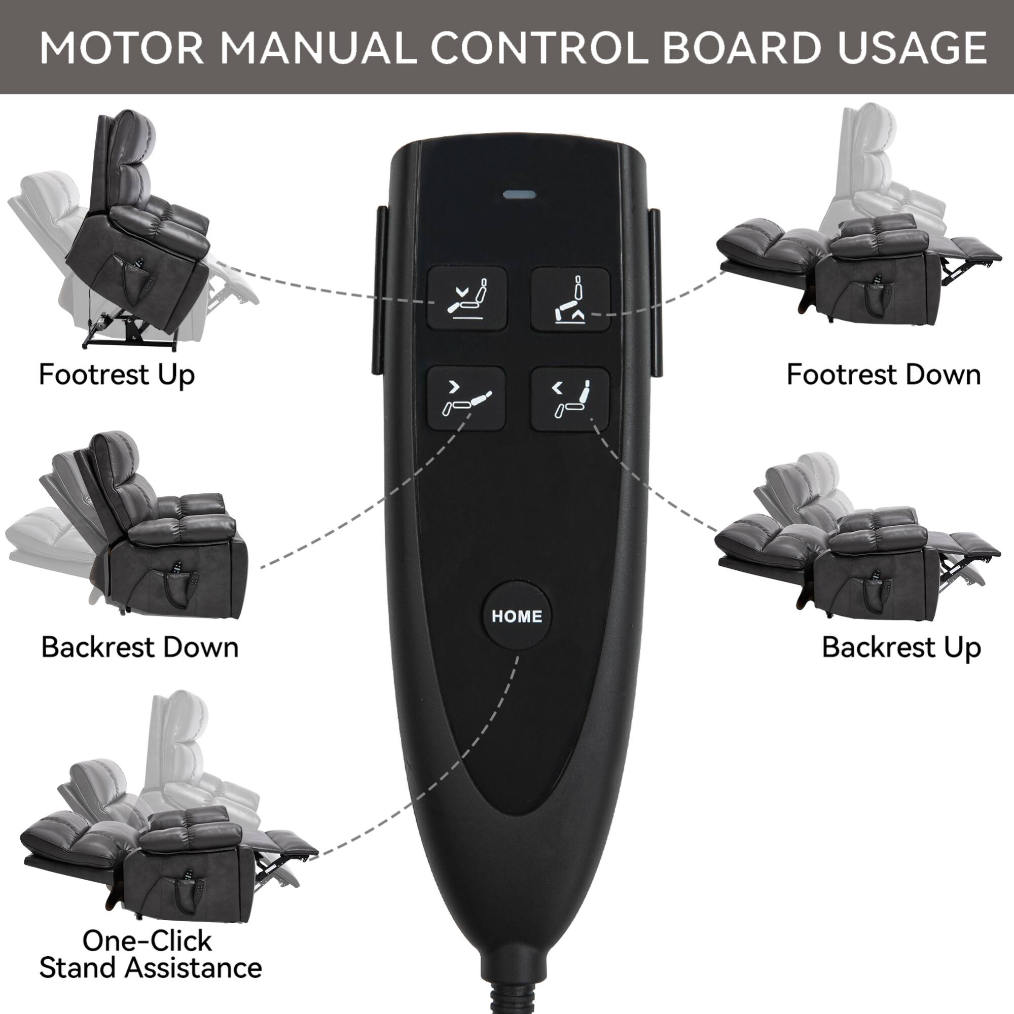 MOTOR MANUAL CONTROL BOARD USAGE

- Footrest Up
- Footrest Down
- Backrest Down
- Backrest Up
- HOME
- One-Click Stand Assistance