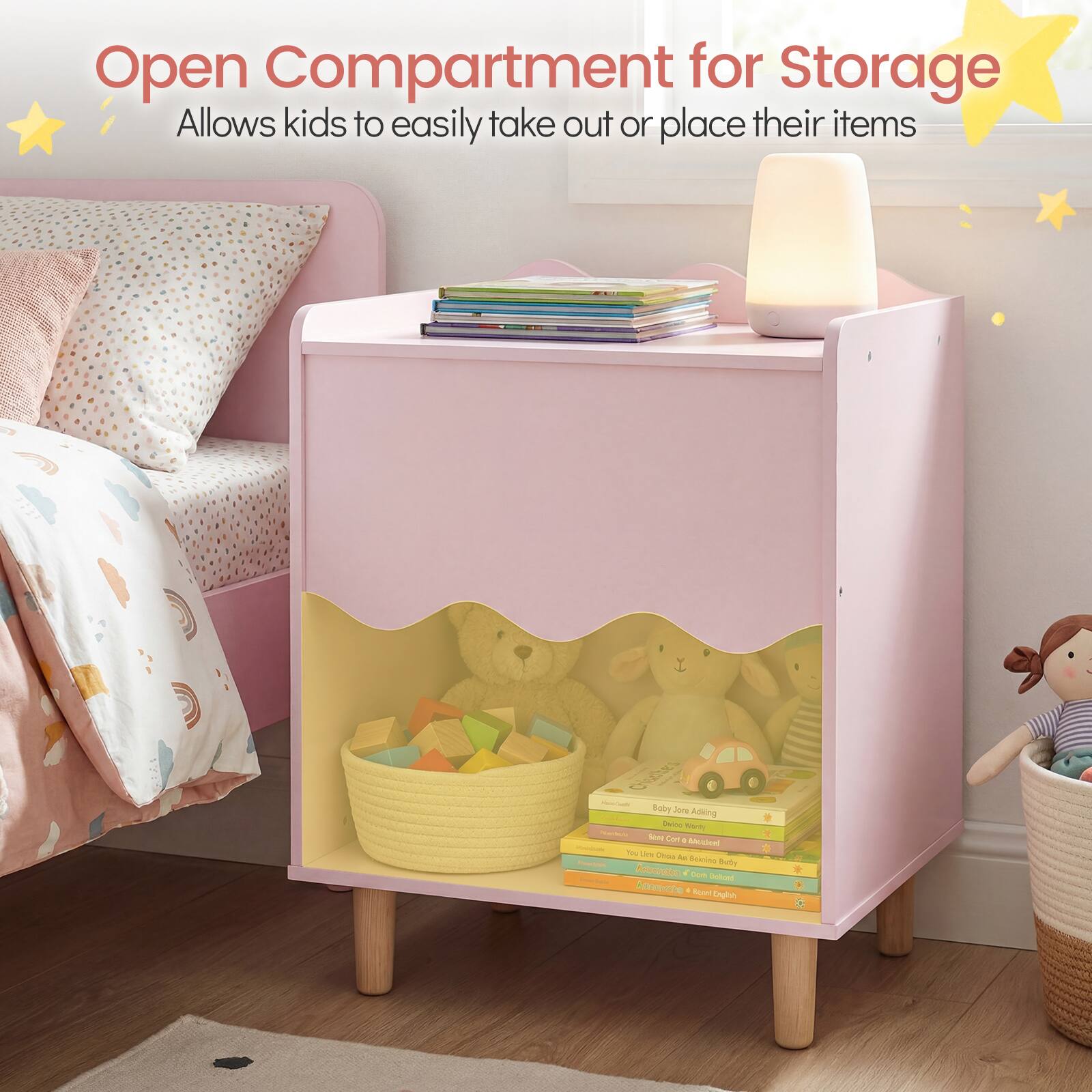 Open Compartment for Storage  
Allows kids to easily take out or place their items